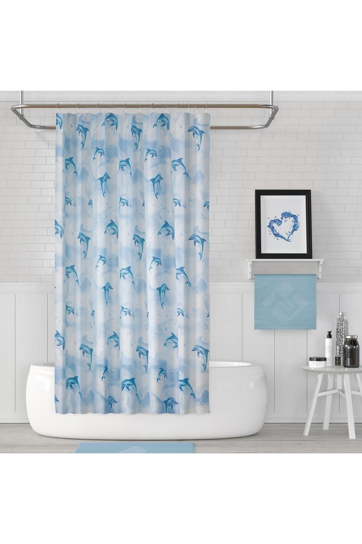 Tropikhome 180 x 200 Mavi Yunus Desenli Banyo Perdesi — Mavi