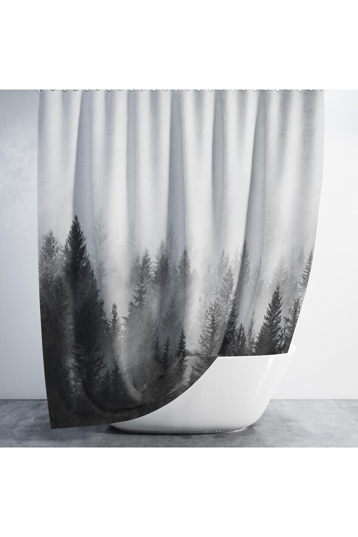 Tropikhome 180 x 200 Siyah Orman Manzarası Desenli Banyo Perdesi — Siyah