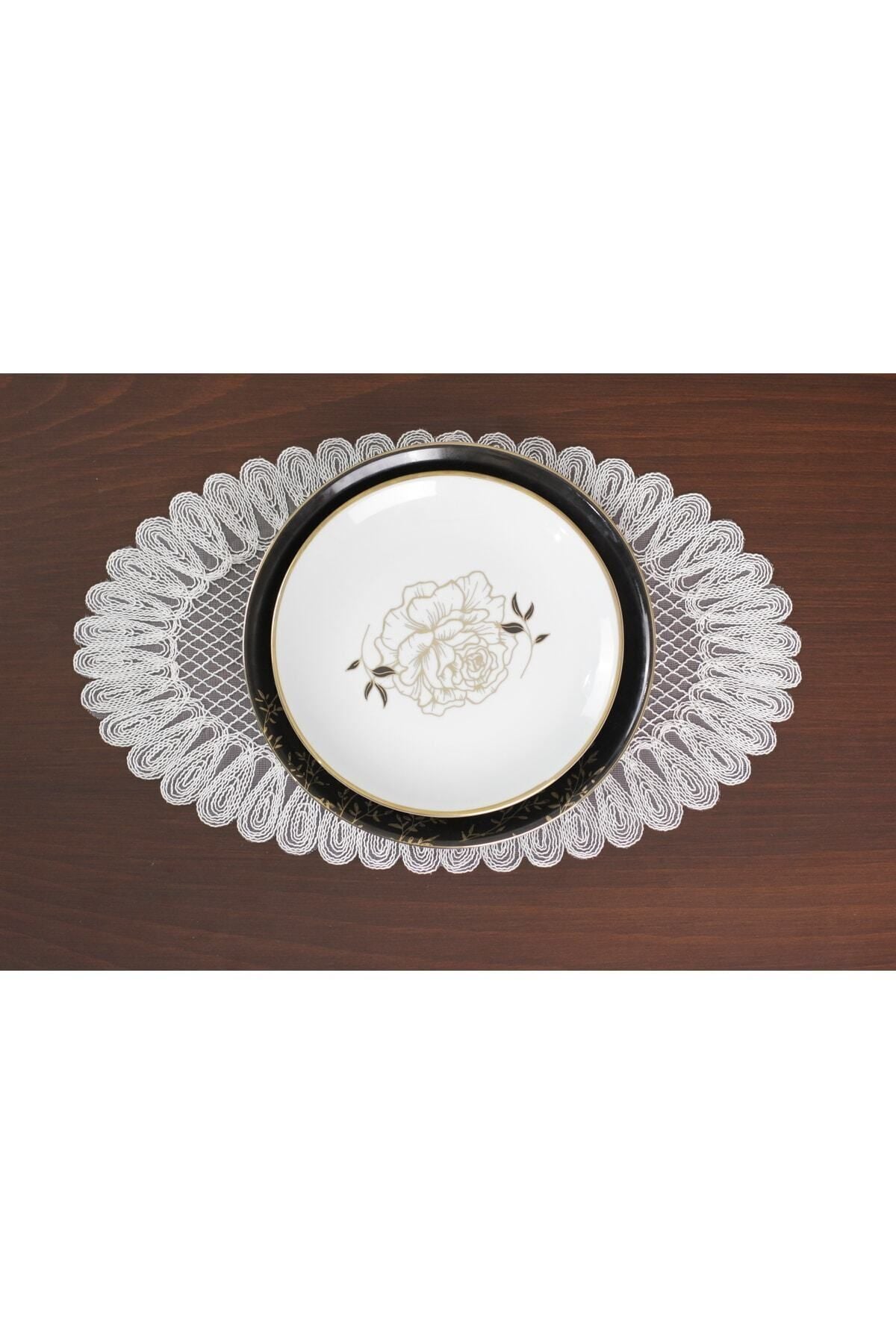Tropikhome Nakışlı Ekru 32 x 110 Runner + 32 x 50*8 Amerikan Servisli 9 Parça Sunum Yemek Seti — Ekru