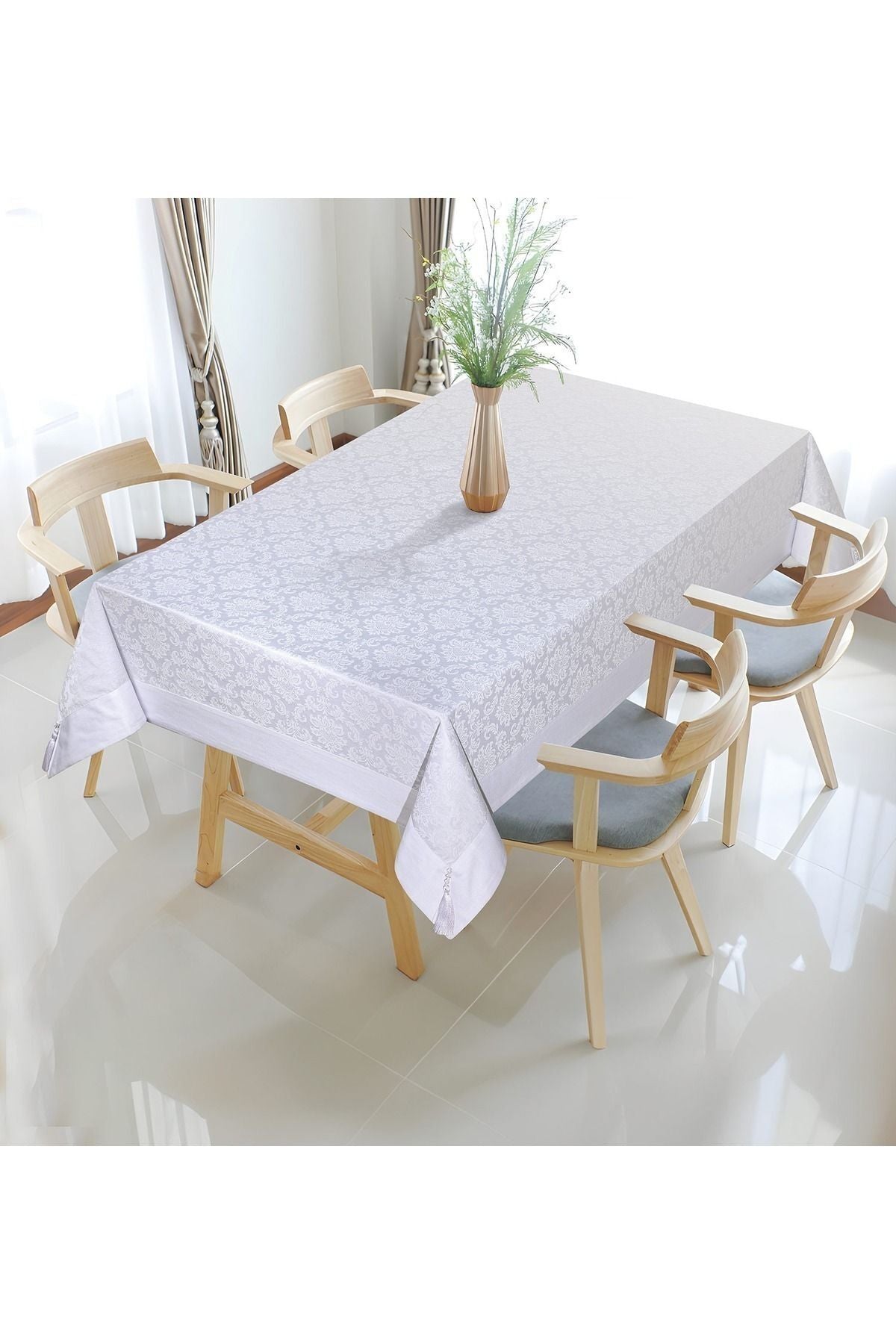 Tropikhome 160 x 220 Beyaz Pamuklu Damask Desenli Bordürlü Masa Örtüsü — Beyaz