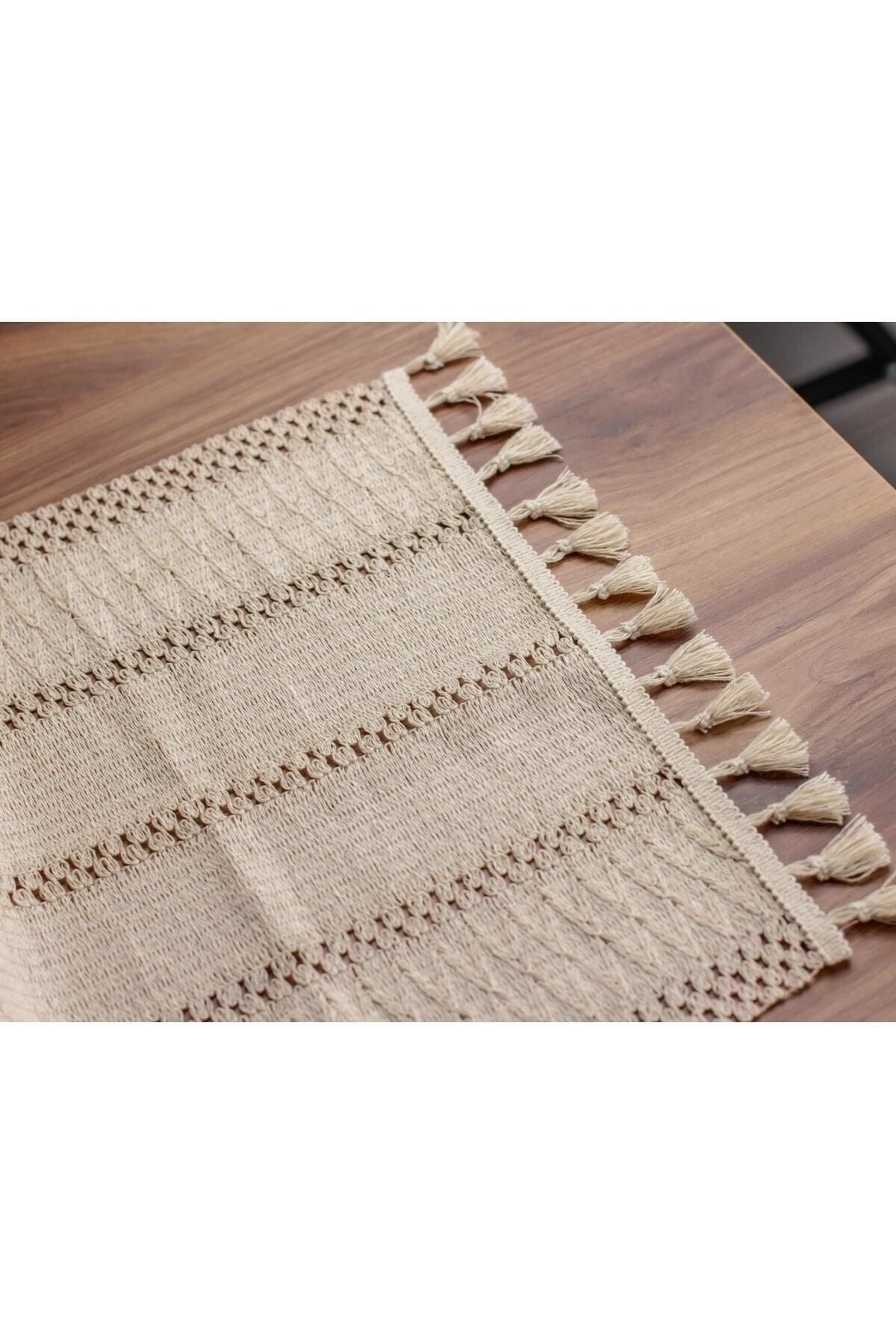 Ham Organik Pamuk Dantel Desenli Püsküllü Krem Runner 35x145 Cm  Masa Sunum Örtüsü — Krem