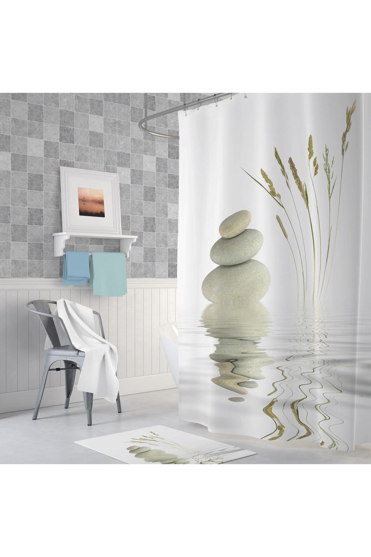 Tropikhome 180 x 200 Çok Renkli Taş Desenli Banyo Perdesi — Çok Renkli