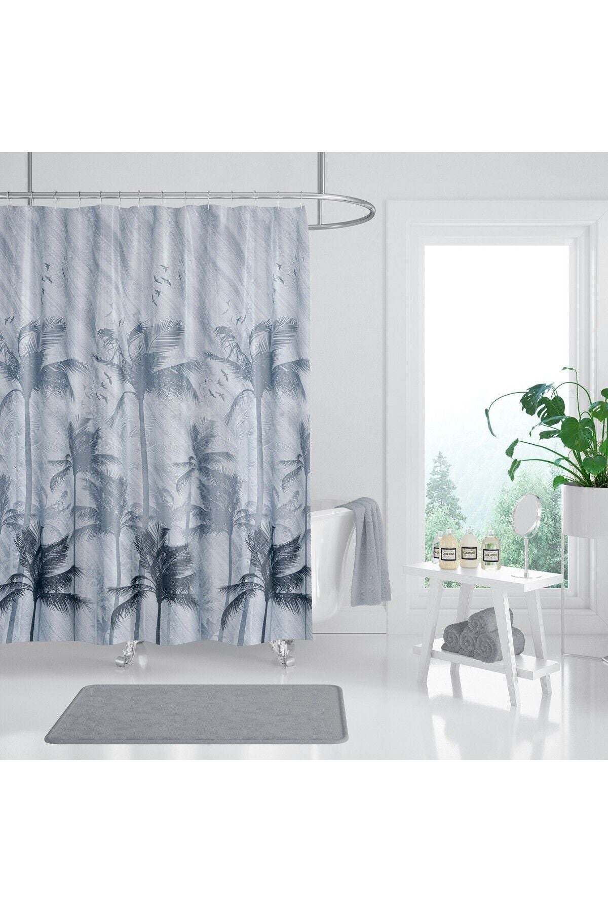Tropikhome 120 X 200 (Çift Kanat) Gri Palmiye Desenli Banyo Perdesi — Gri