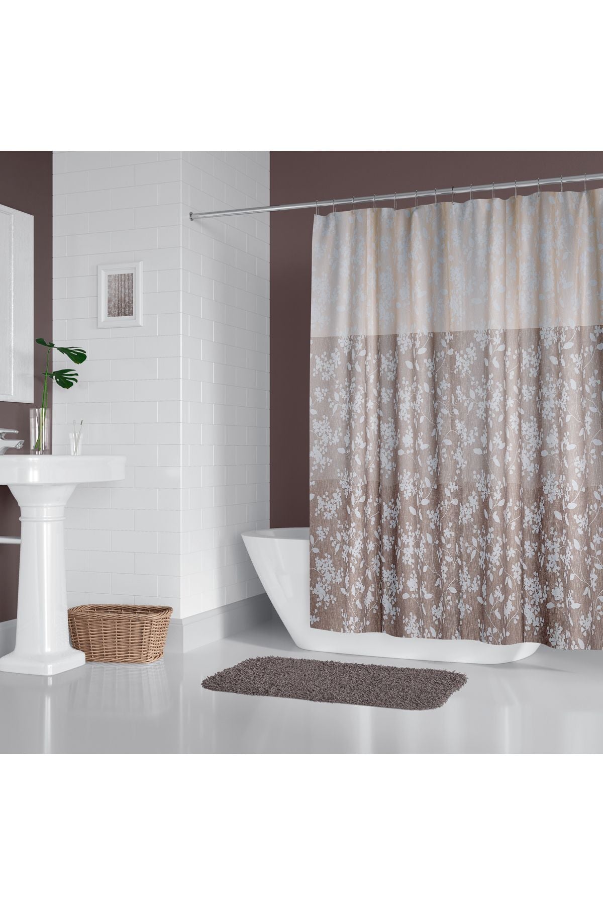 Tropikhome 180 x 200 Kahverengi Çiçek Desenli Banyo Perdesi — Kahverengi