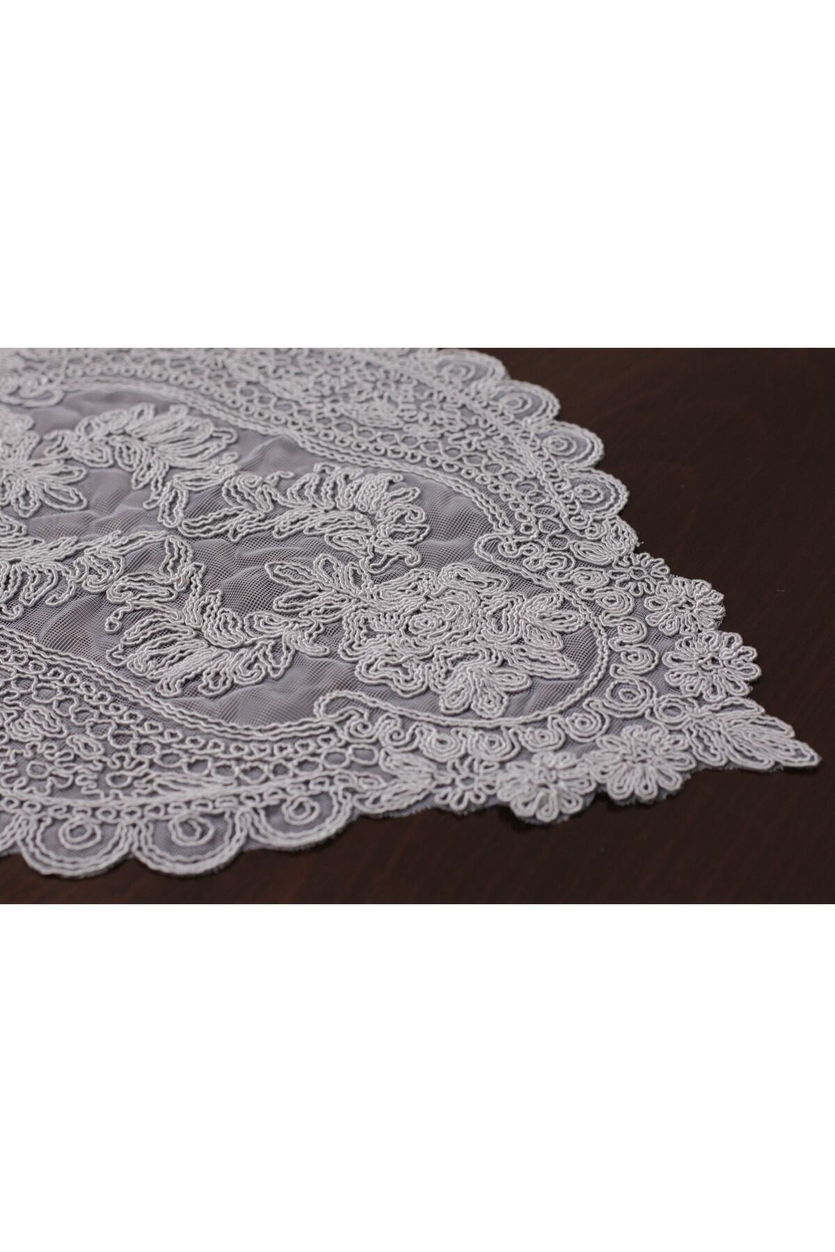 Tropikhome Nakışlı Gri 35 x 115 Runner + 35 x 50*12 Amerikan Servisli 13 Parça Sunum Yemek Seti — Gri