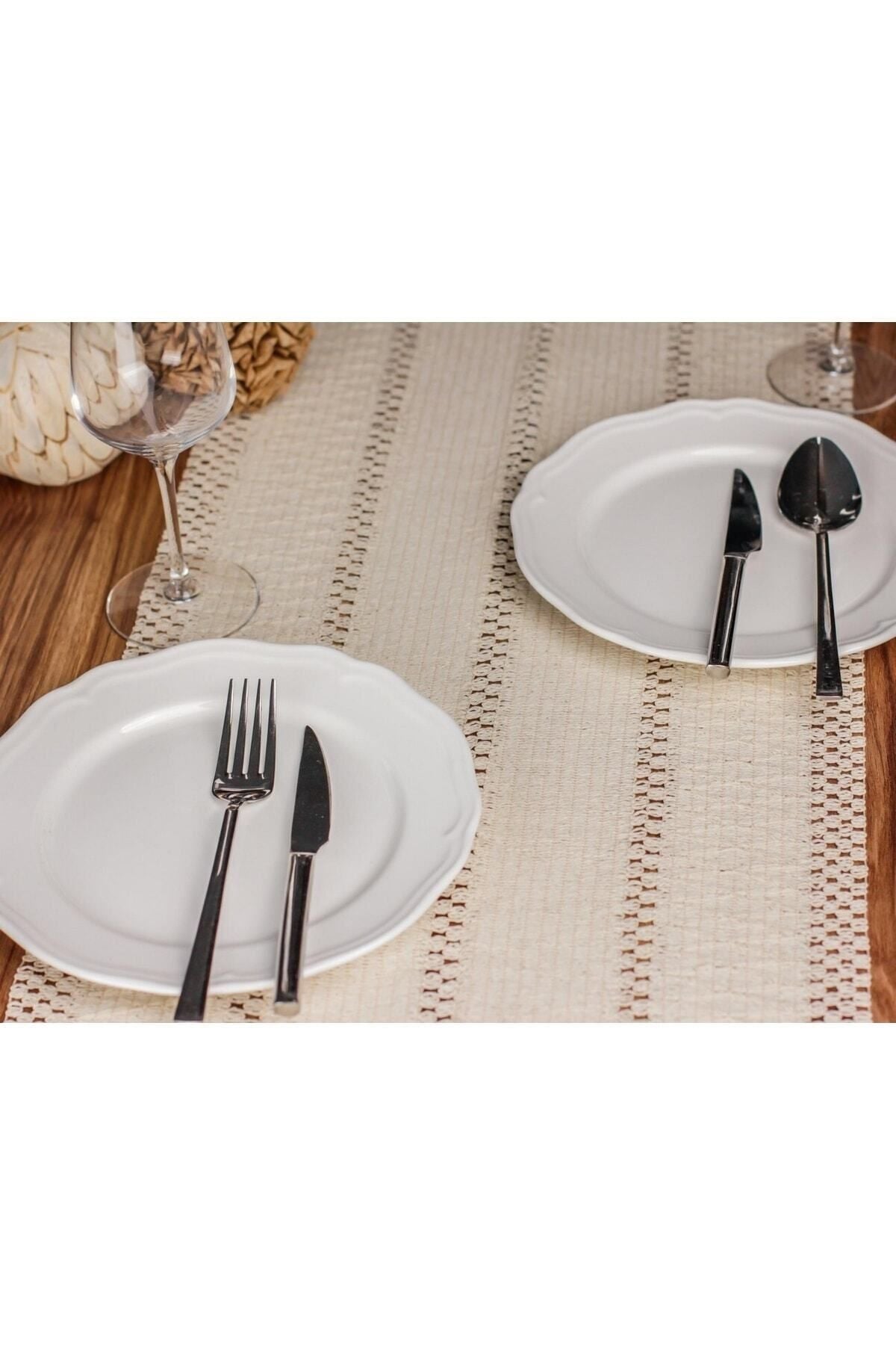 Ham Organik Pamuk Dantel Desenli Püsküllü Krem Runner 35x145 Cm  Masa Sunum Örtüsü — Krem