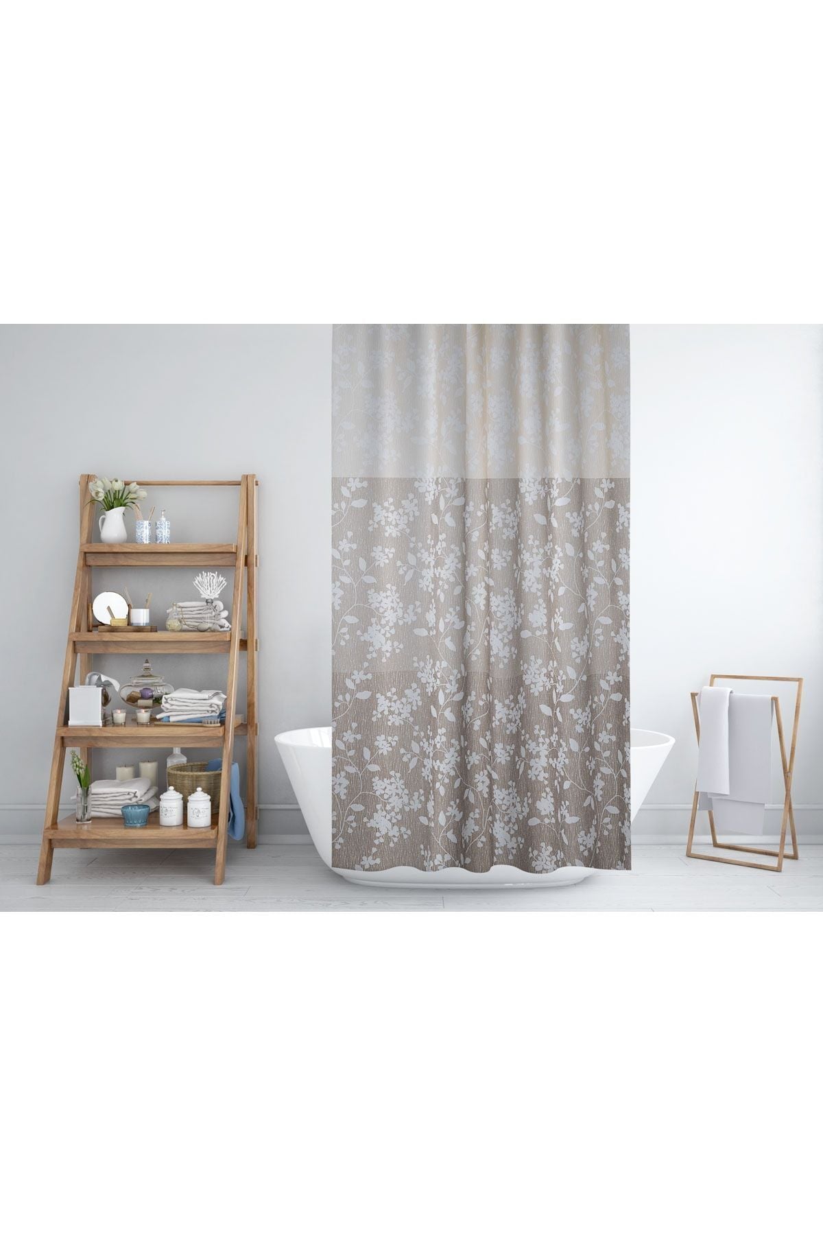 Tropikhome 180 x 200 Kahverengi Çiçek Desenli Banyo Perdesi — Kahverengi