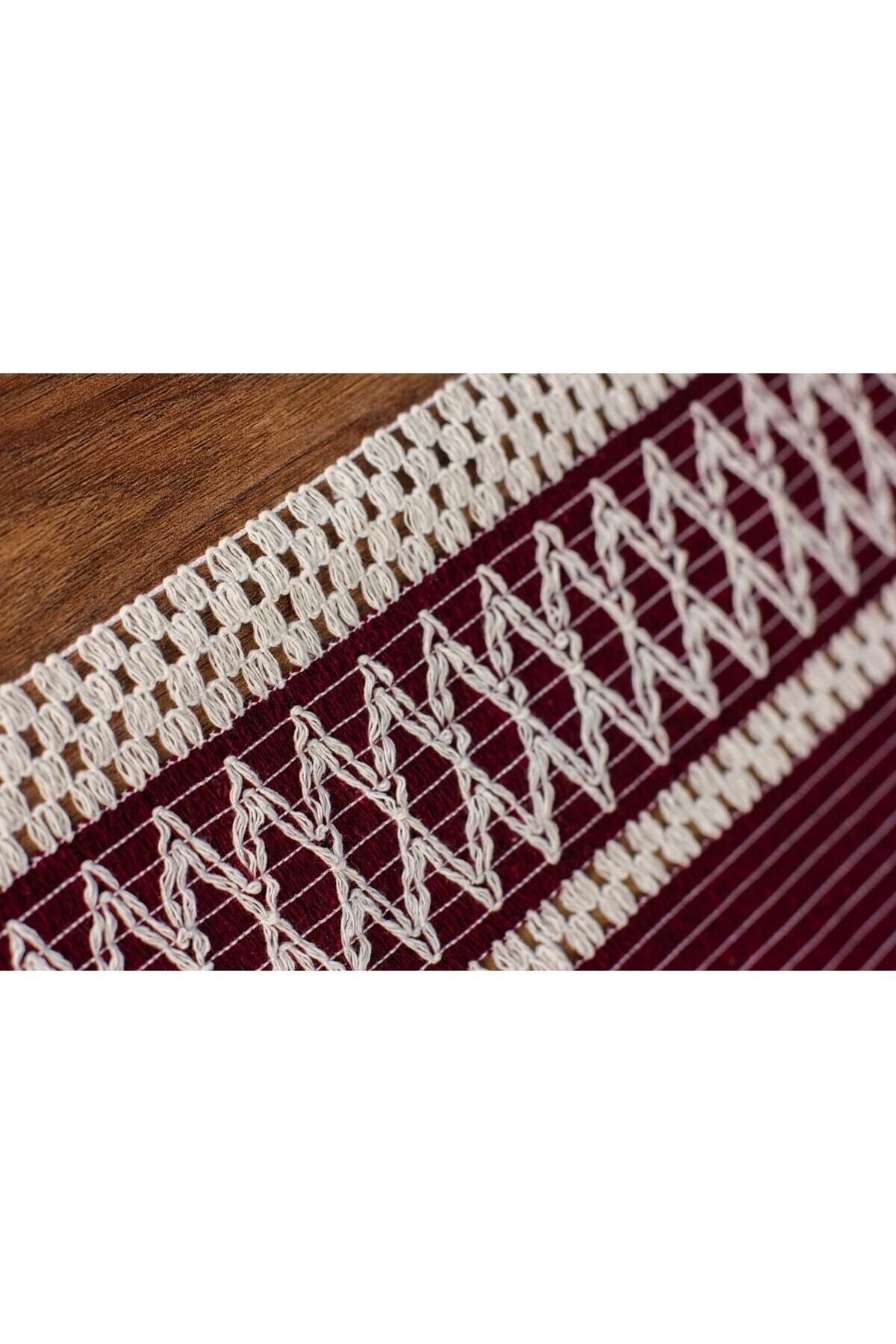 Ham Organik Pamuk Dantel Desenli Püsküllü Bordo Runner 35x145 Cm  Masa Sunum Örtüsü — Bordo