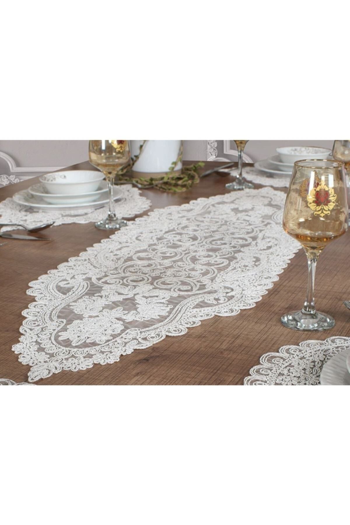 Tropikhome Nakışlı Ekru 35 x 115 Runner + 35 x 50*6 Amerikan Servisli 7 Parça Sunum Yemek Seti — Ekru