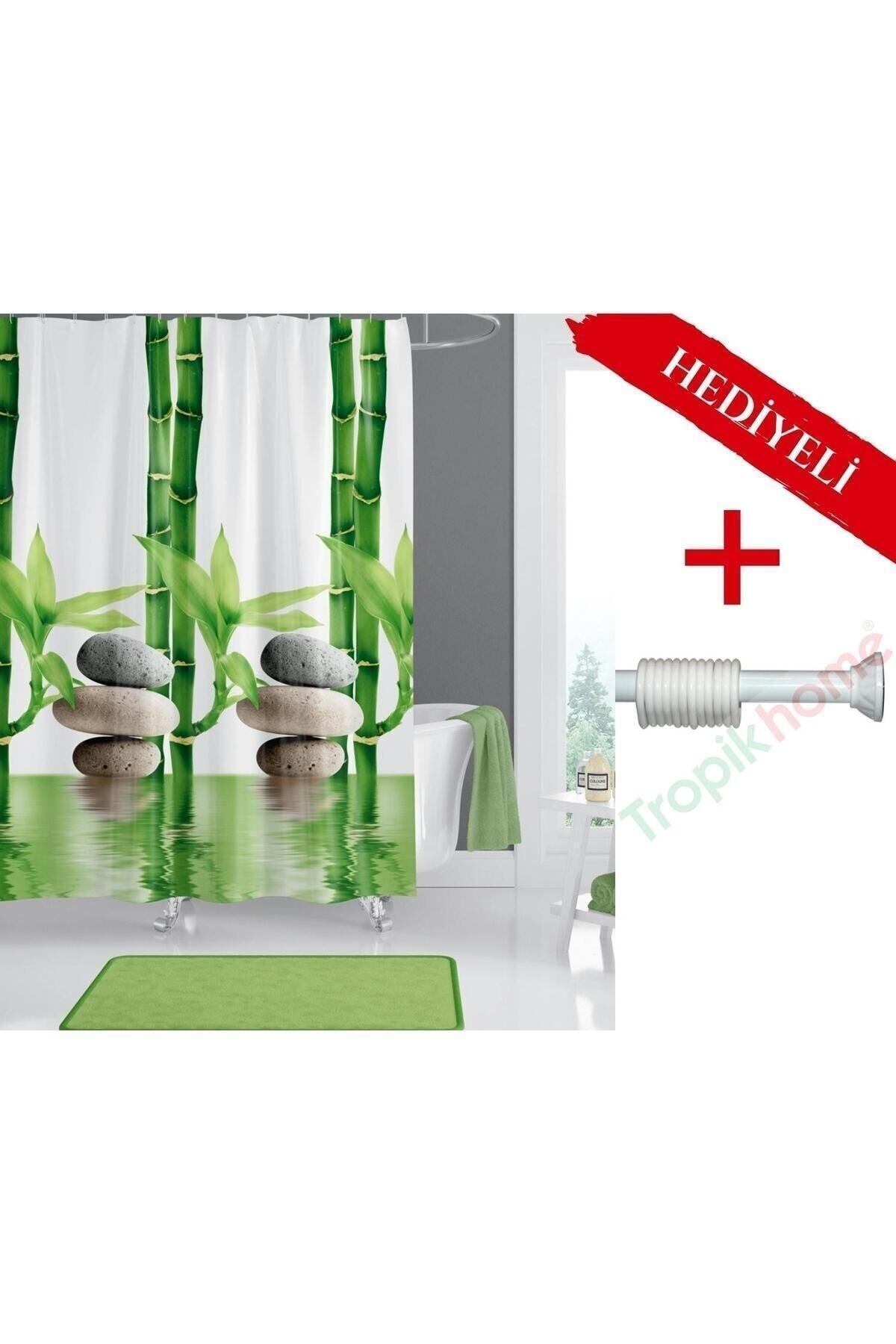 Bamboo Desenli Polyester Kumaş Banyo Perdesi 2MT Beyaz Yaylı Boru ve C-halkalı Set — Çok Renkli