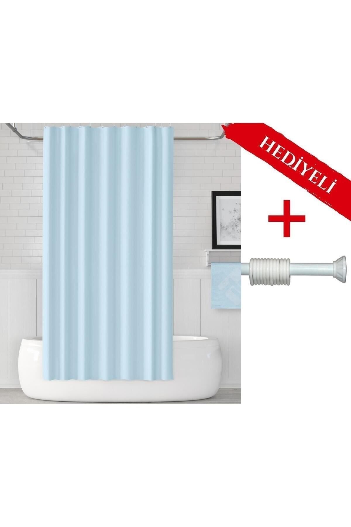 Mavi Renk Polyester Kumaş Banyo Perdesi 2MT Beyaz Yaylı Boru ve C-halkalı Set — Mavi