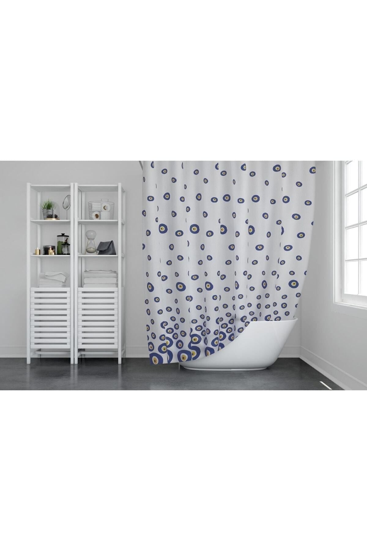 Tropikhome 180 x 200 Mavi Nazar Boncuğu Desenli Banyo Perdesi — Mavi