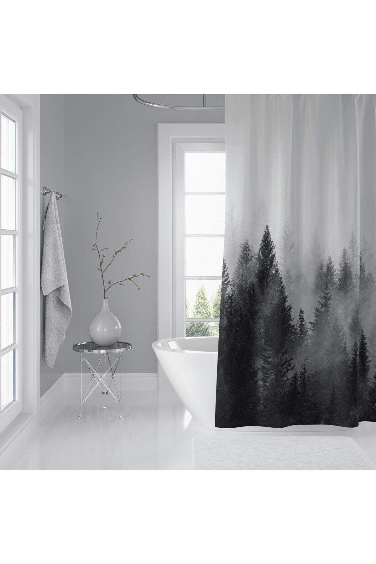 Tropikhome 180 x 200 Siyah Orman Manzarası Desenli Banyo Perdesi — Siyah