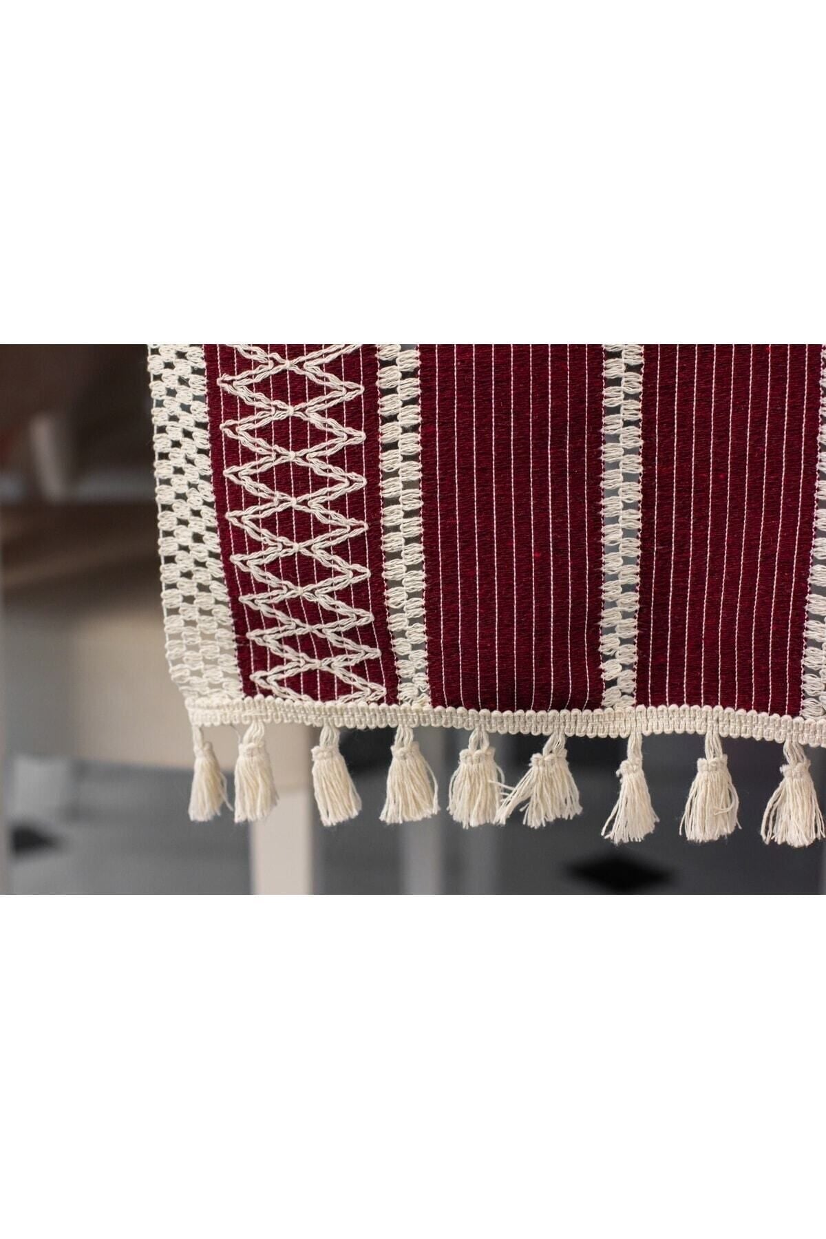 Ham Organik Pamuk Dantel Desenli Püsküllü Bordo Runner 35x145 Cm  Masa Sunum Örtüsü — Bordo