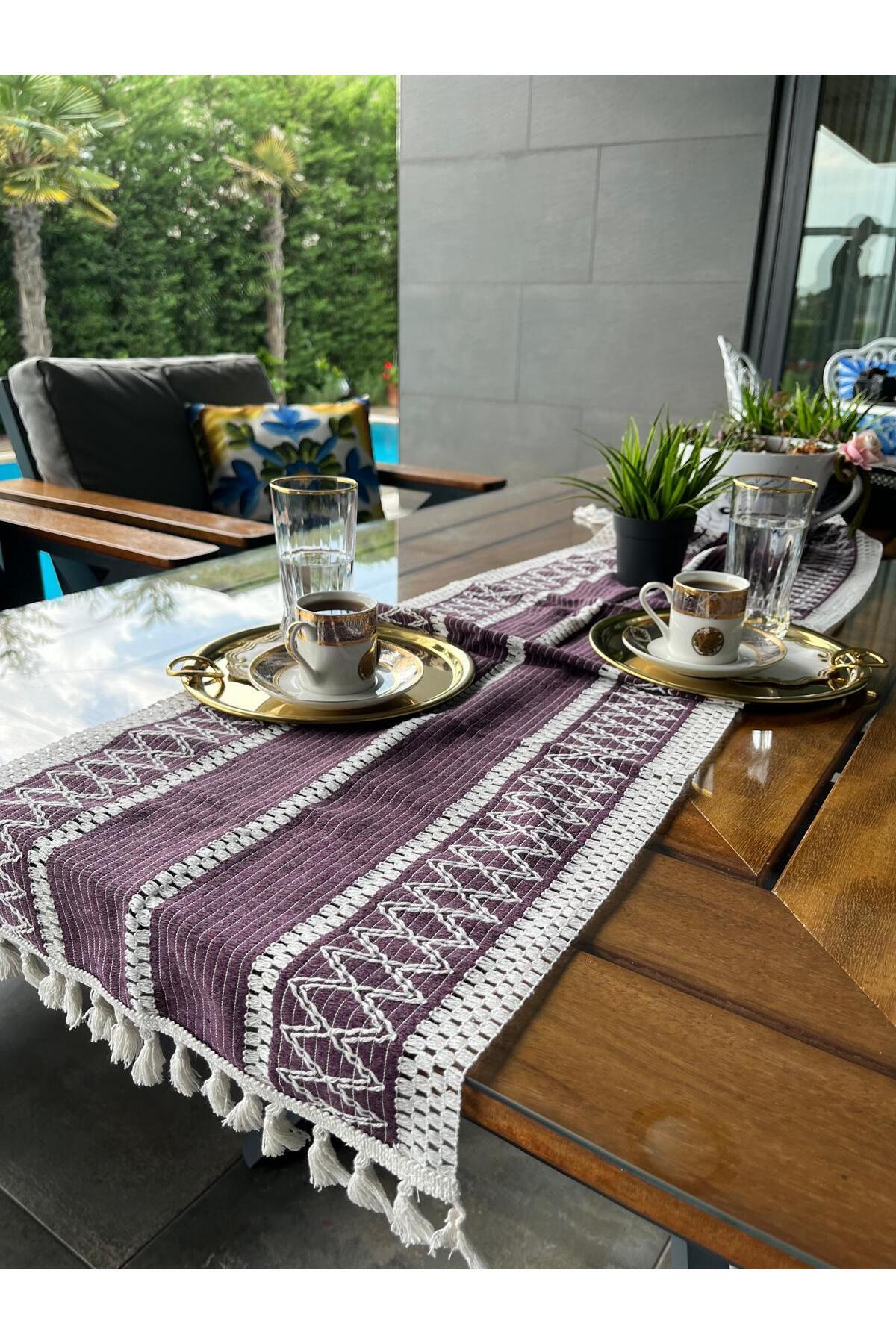 Ham Organik Pamuk Dantel Desenli Püsküllü Mor Runner 35x145 Cm  Masa Sunum Örtüsü — Mor
