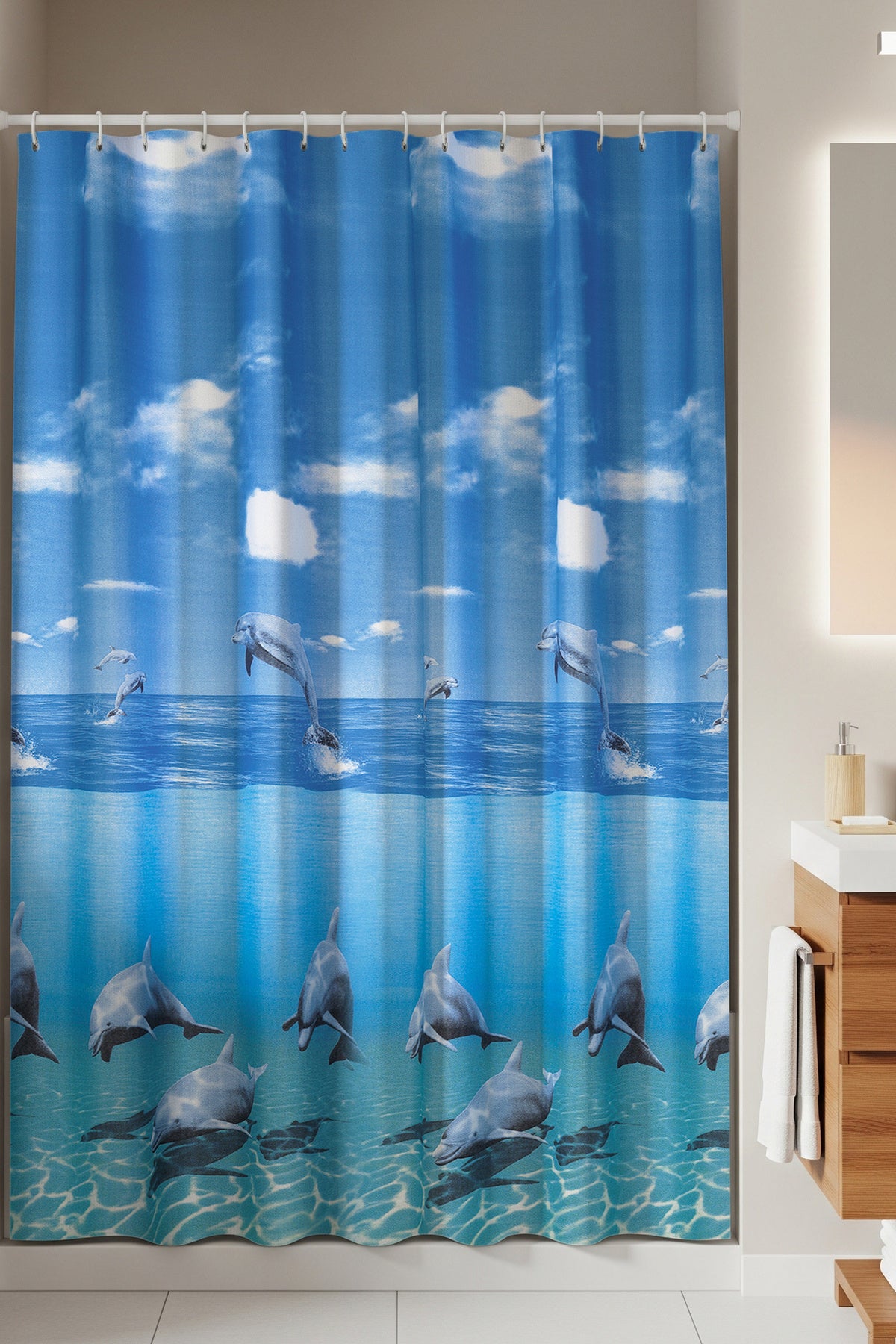 Tropikhome 180 x 200 Mavi Yunus Desenli Banyo Perdesi — Mavi