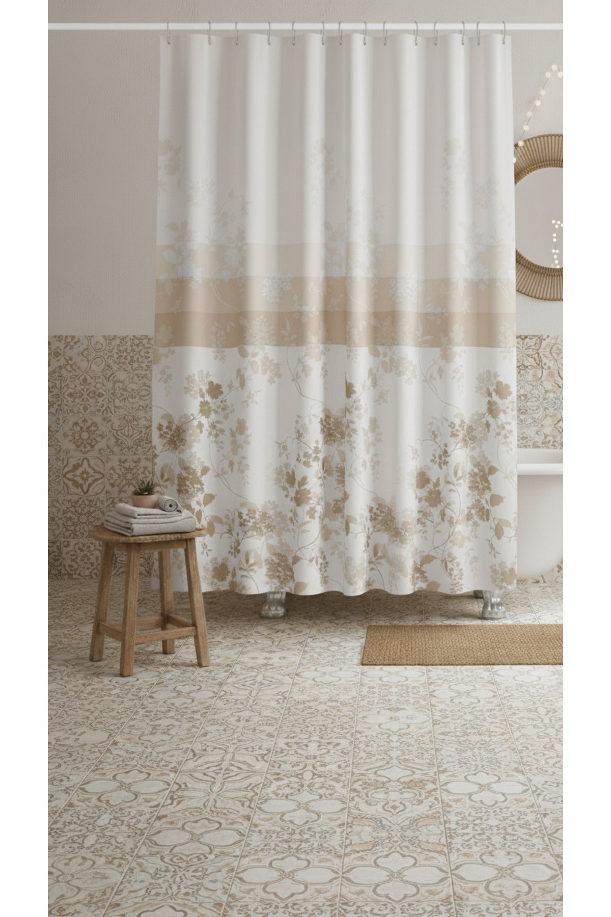 Tropikhome 180 x 200 Kahverengi Yaprak Desenli Banyo Perdesi — Kahverengi