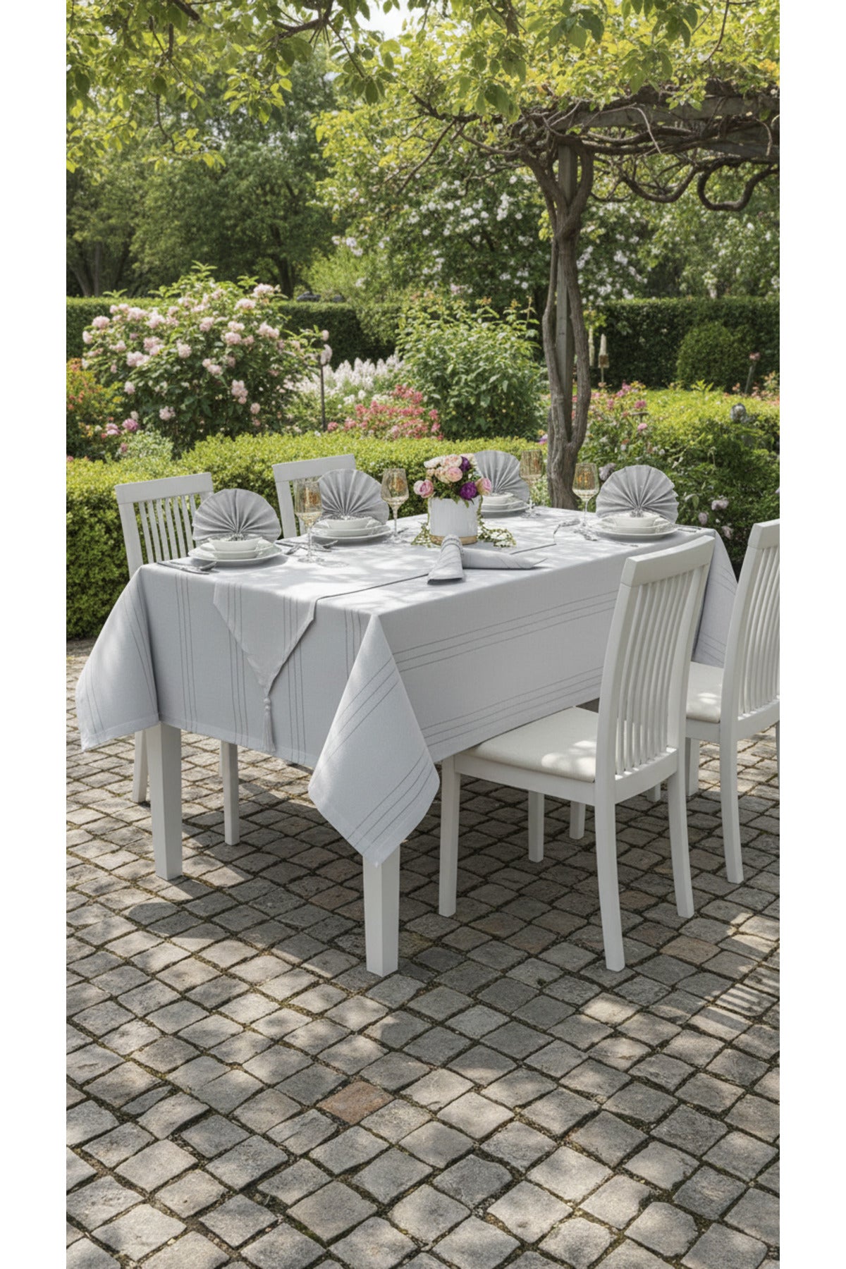 Tropikhome 160 x 220 + 1 Runner + 12 peçete + 12 Yüzük'lü Keten Görünümlü 26 Parça Dertsiz Çeyiz Seti — Gri