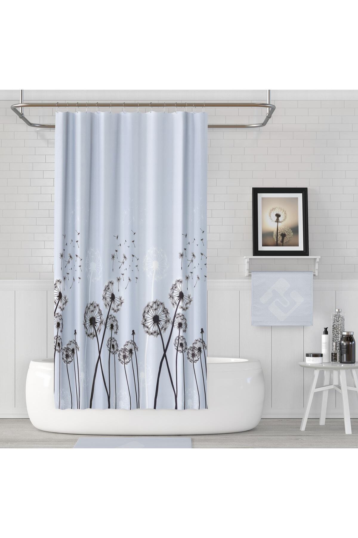 Tropikhome 120 X 200 (Çift Kanat) Gri Karahindiba Desenli Banyo Perdesi — Gri