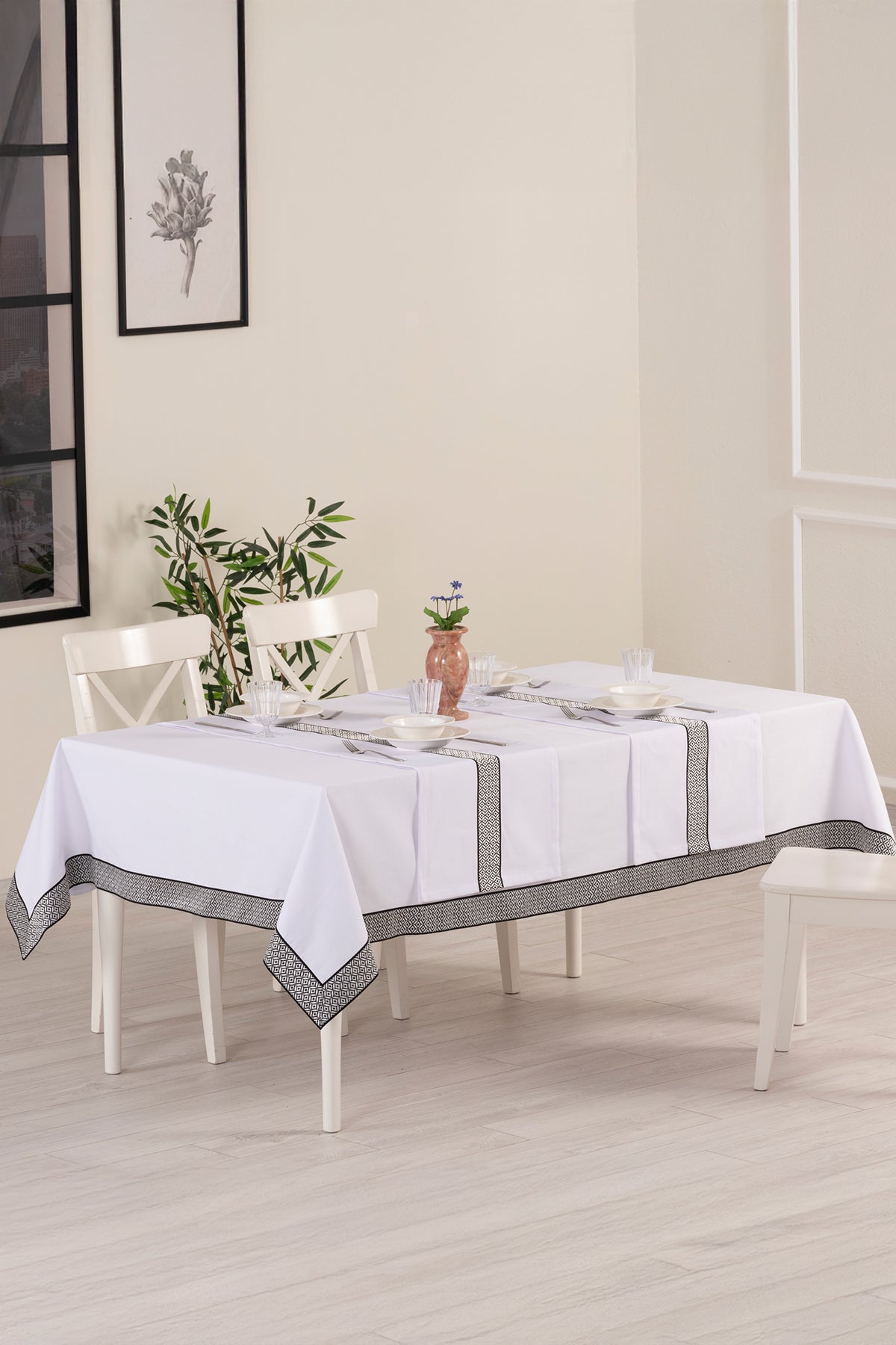 Tropikhome 160 x 260 + 2 Runner Beyaz Çeyizlik Pamuklu Masa Örtüsü Seti — Beyaz