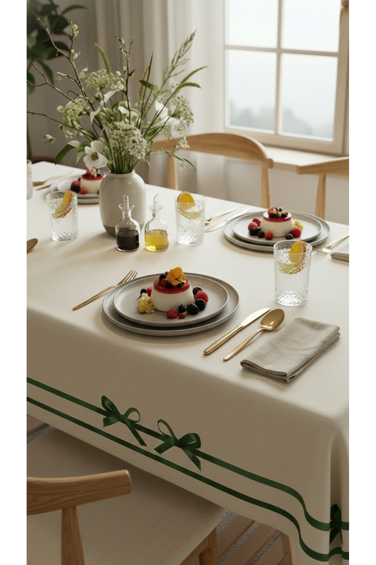 Tropikhome 150 x 220 Kurdele Desenli Solma Yapmaz Dijital Baskılı Dertsiz Masa Örtüsü — Yeşil