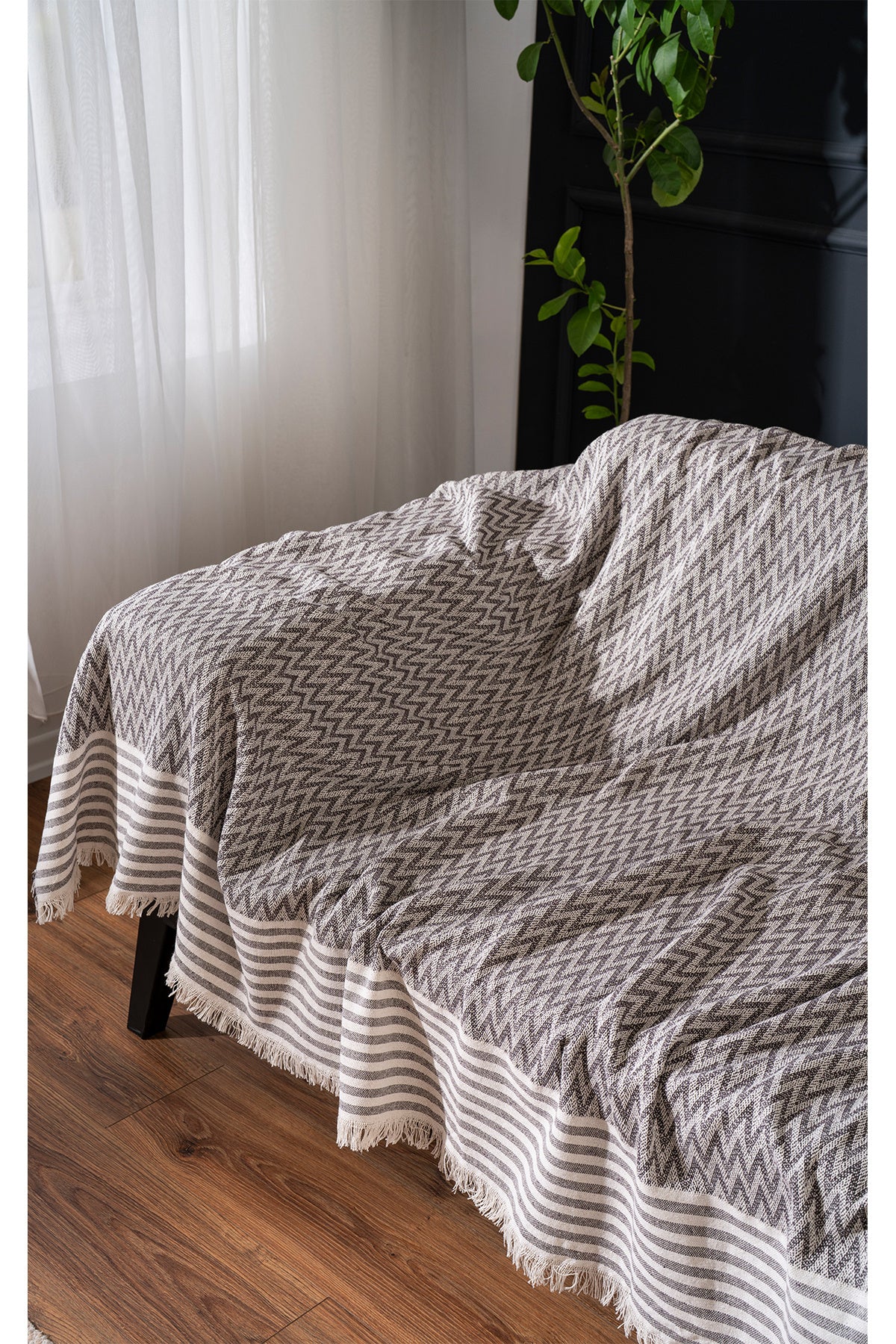 %100 Pamuk Zikzak Desenli 170 x 210 cm Antrasit Koltuk Kanepe Örtüsü — 170 x 210