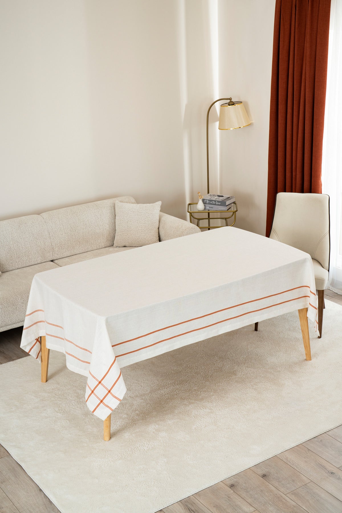 Tropikhome 150 x 260 Turuncu Çizgi Detaylı Pano Desenli Keten Masa Örtüsü — Turuncu