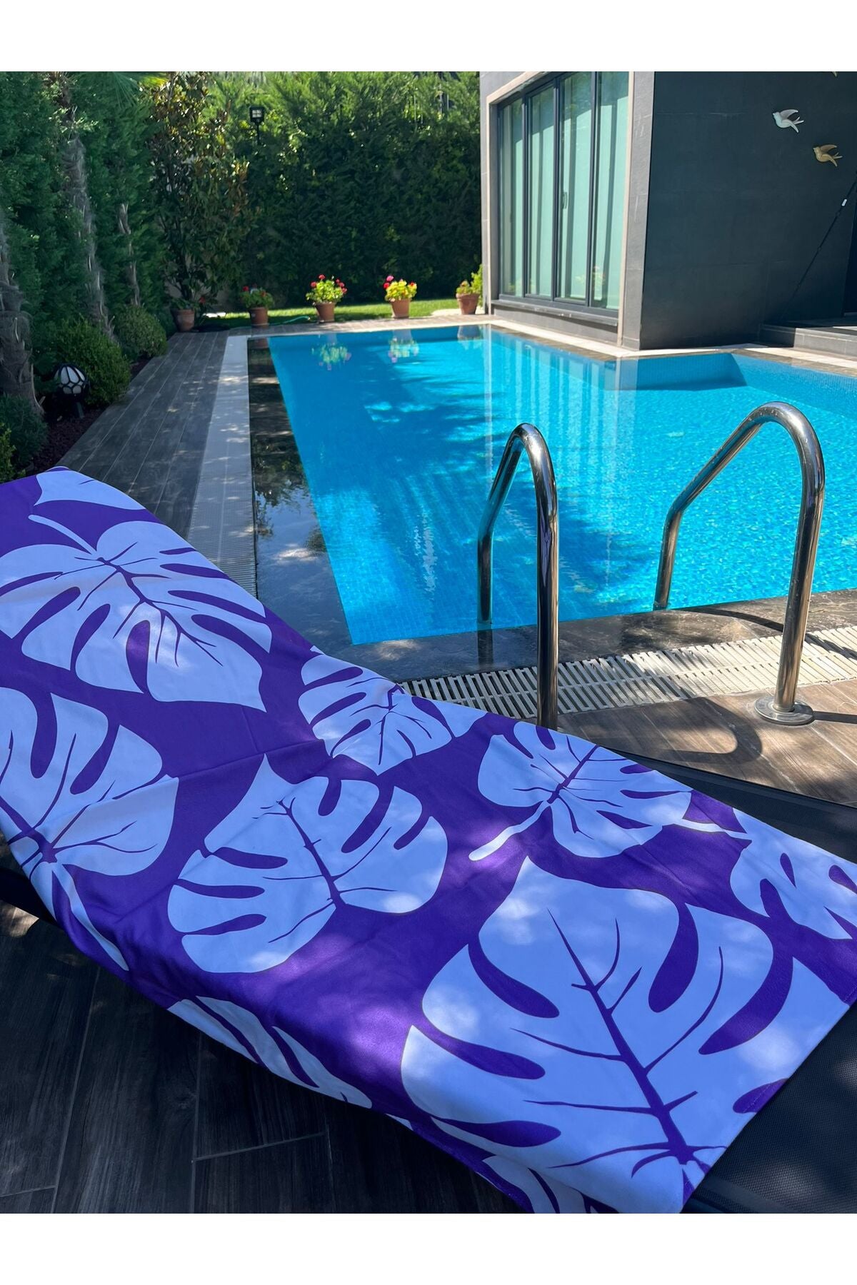 Tropikhome Yaprak Desenli Mor 70 x 150 Hızlı Kuruyan Pamuklu Plaj Havlusu — 70 x 150