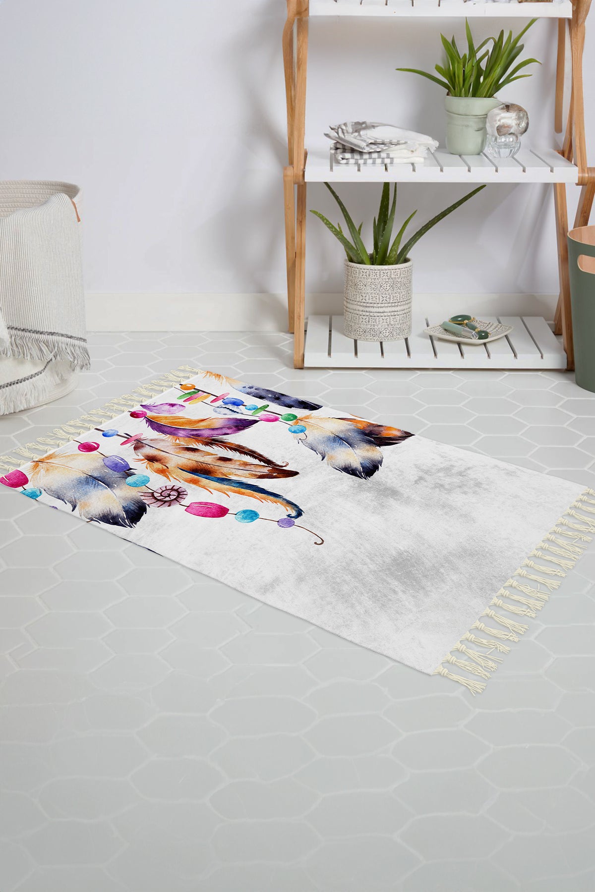 Tropikhome Kaymaz Tabanlı Dijital Baskılı 50x80cm Püsküllü Banyo Paspası — Feathers
