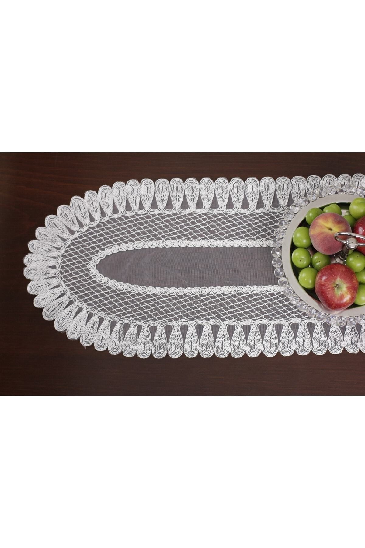 Tropikhome Nakışlı Ekru 32 x 110 Runner + 32 x 50*8 Amerikan Servisli 9 Parça Sunum Yemek Seti — Ekru