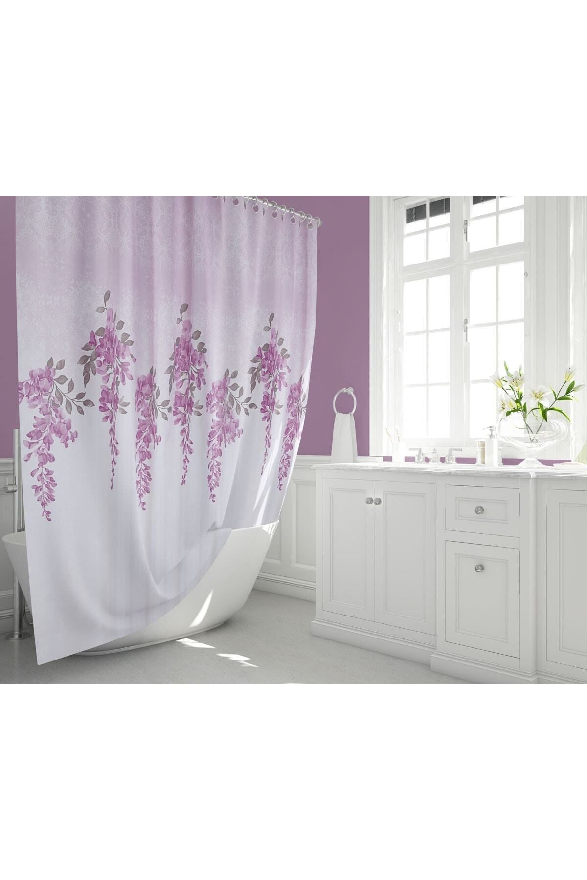 Çiçek Desenli Kaymaz Taban Dijital Baskılı 50x80cm Banyo Paspası ve 180x200cm Dijital Baskılı Banyo Perdesi Takımı — 180 x 200 + 50 x 80