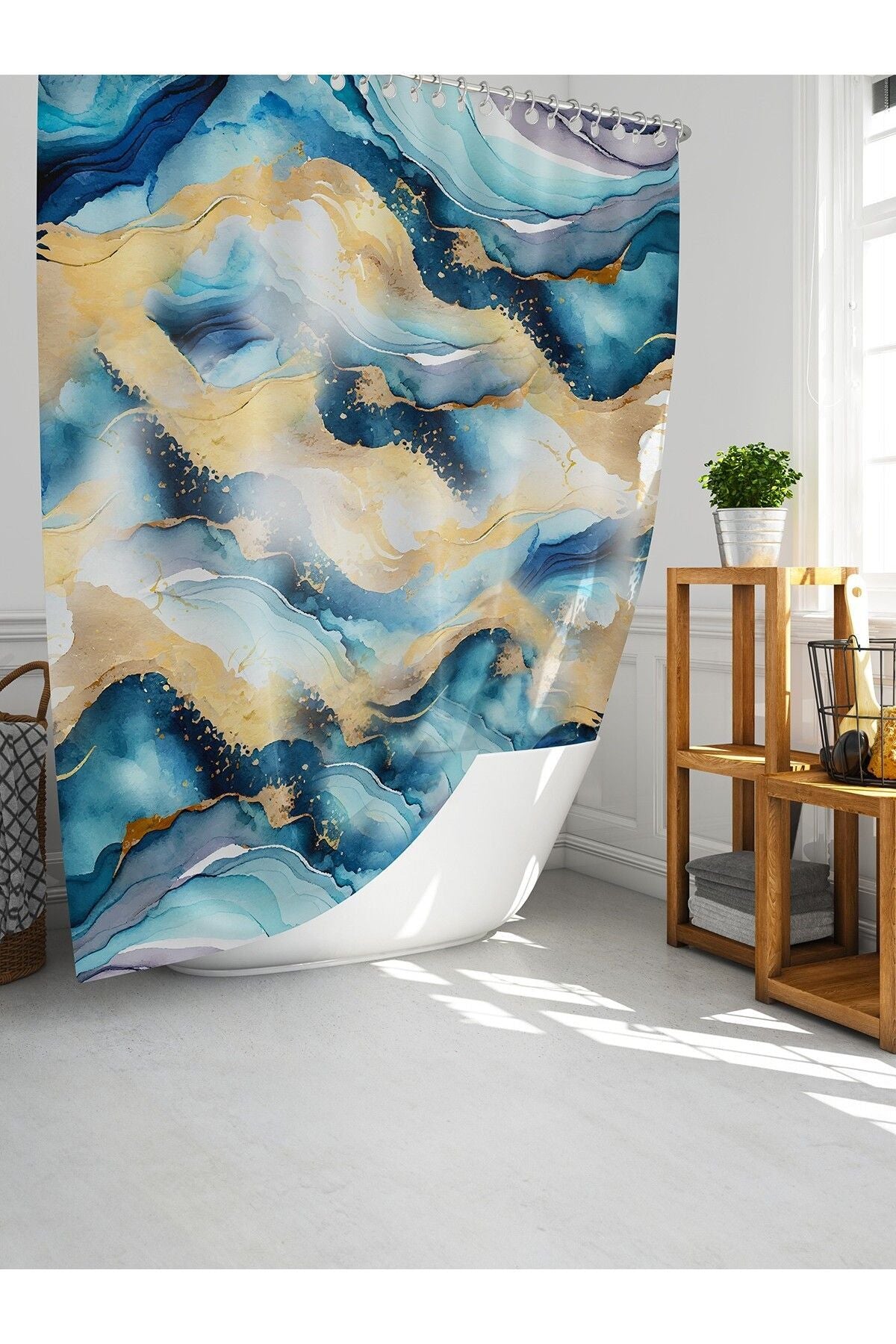 Tropikhome 180 x 200 Turkuaz Mermer Desenli Banyo Perdesi — Turkuaz