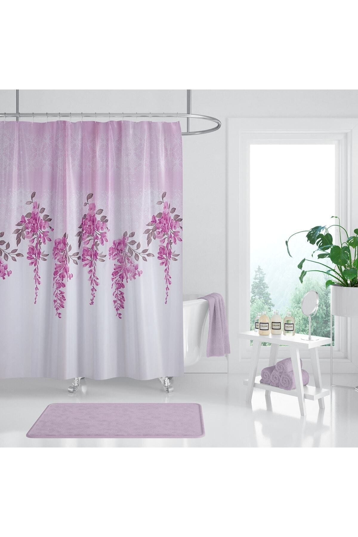 Tropikhome 180 x 200 Mor Çiçek Desenli Banyo Perdesi — Mor