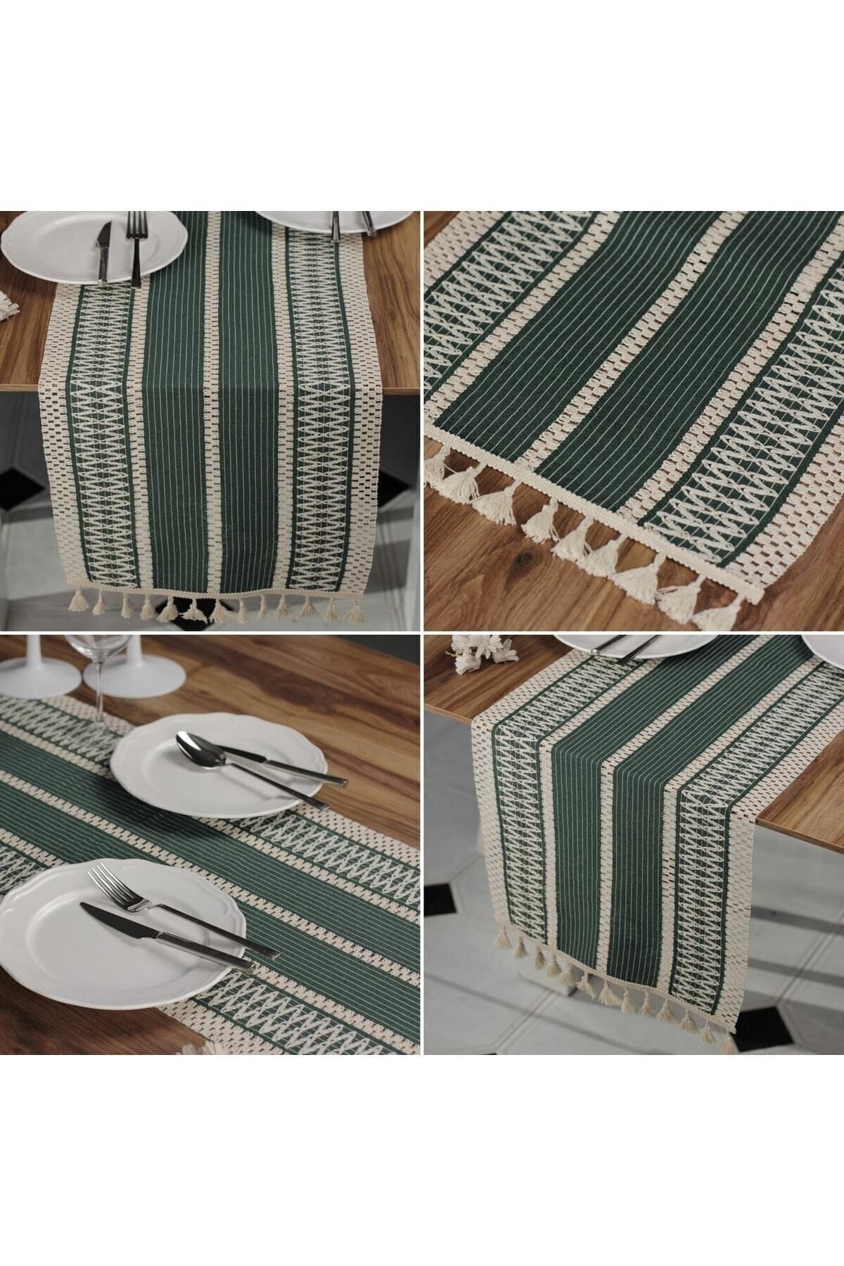 Ham Organik Pamuk Dantel Desenli Püsküllü Yeşil Runner 35x145 Cm  Masa Sunum Örtüsü — Yeşil