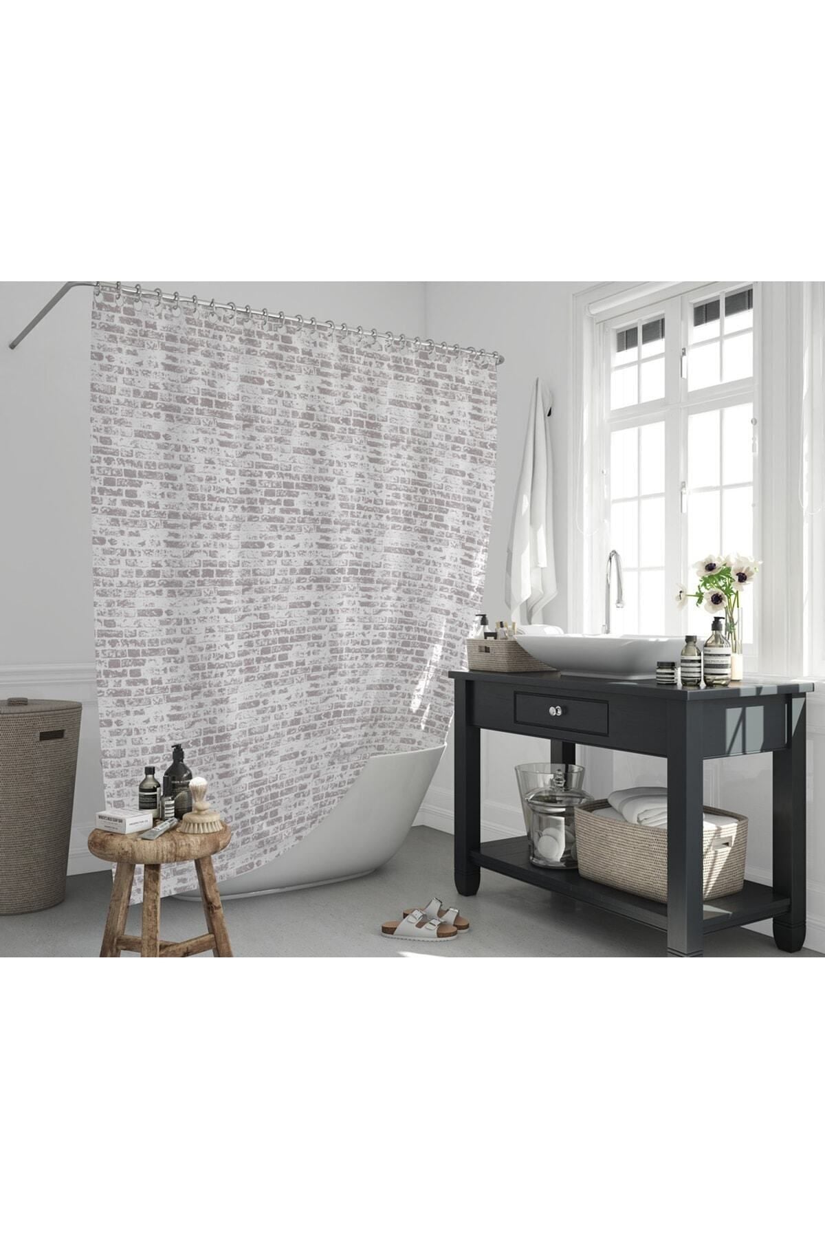 Tropikhome 180 x 200 Kahverengi Tuğla Desenli Banyo Perdesi — Kahverengi