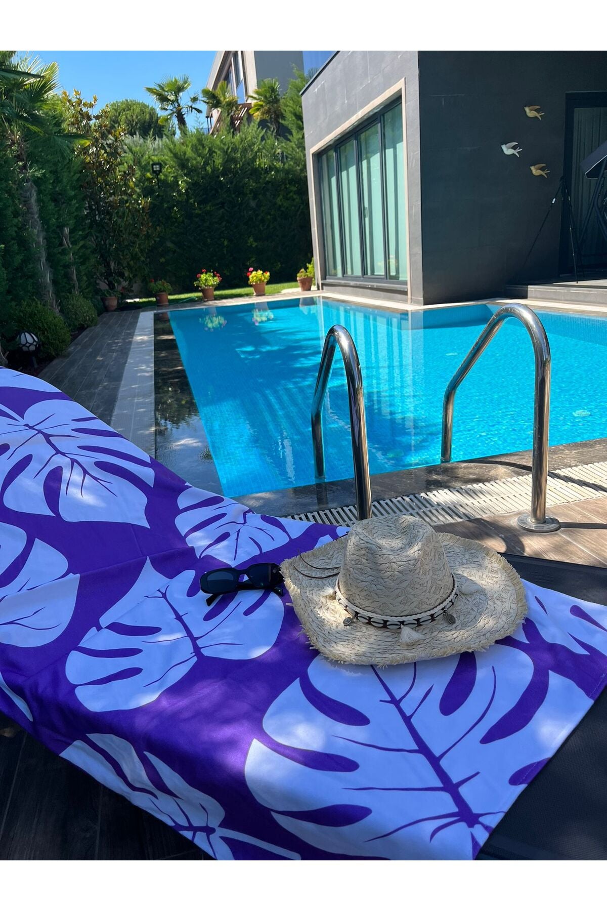 Tropikhome Yaprak Desenli Mor 70 x 150 Hızlı Kuruyan Pamuklu Plaj Havlusu — 70 x 150