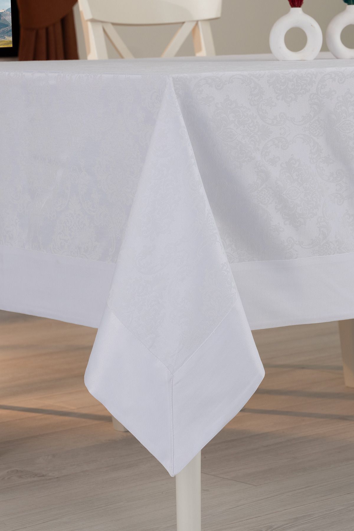 Tropikhome 160 x 220 Beyaz Pamuklu Damask Desenli Bordürlü Masa Örtüsü — Beyaz