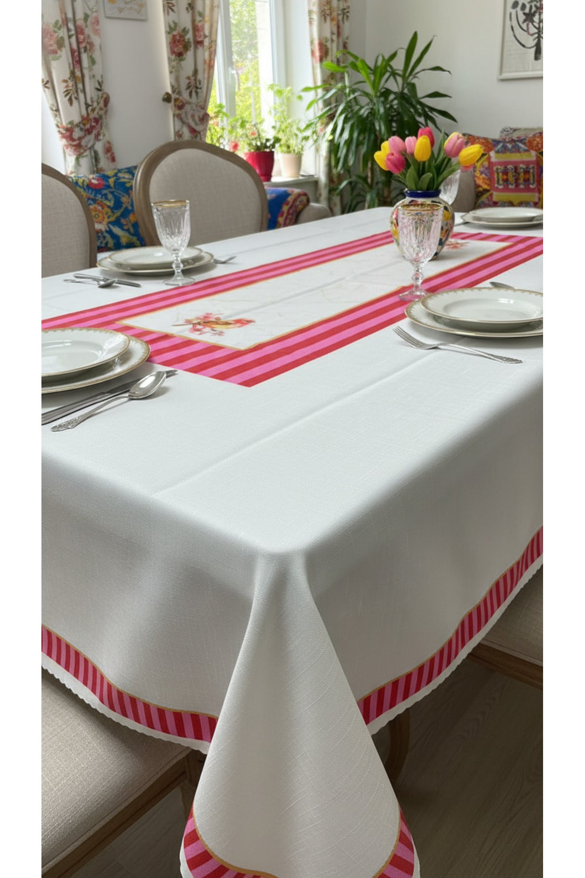 Tropikhome 140 x 180 Pembe Kuş Desenli Solma Yapmaz Dijital Baskılı Dertsiz Masa Örtüsü — Pembe