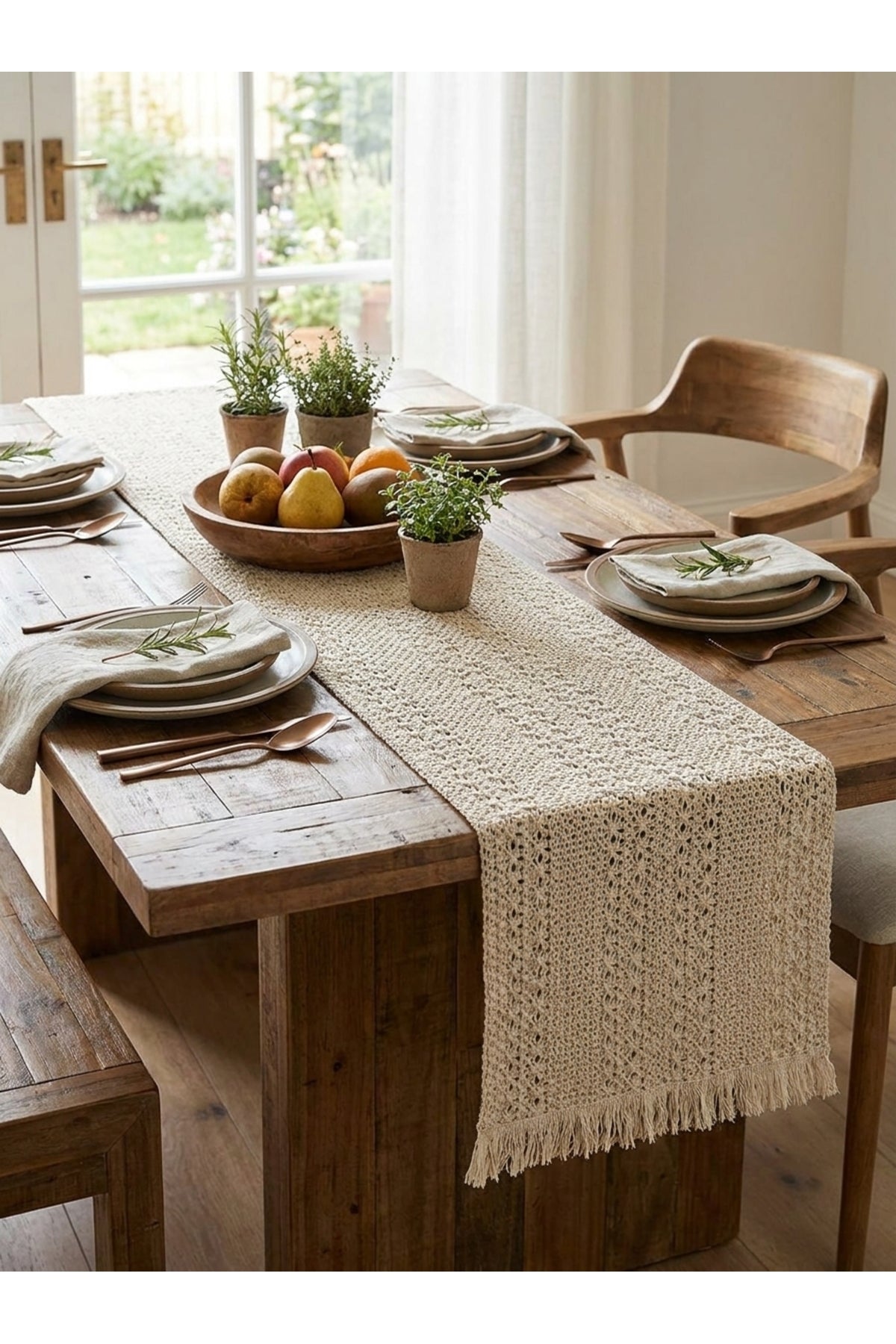 Tül Dantel Örgü Pamuklu Püsküllü Krem 35x145 Cm Runner — Krem