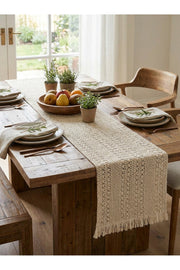 Tül Dantel Örgü Pamuklu Püsküllü Krem 35x145 Cm Runner — Krem
