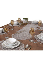 Tropikhome Nakışlı Gri 40 x 110 Runner + 40 x 40*12 Amerikan Servisli 13 Parça Sunum Yemek Seti — Gri