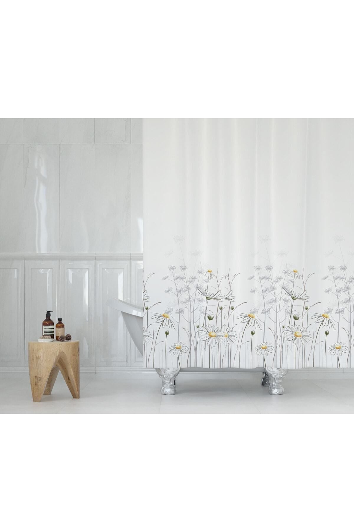Çiçek Desenli Kaymaz Taban Dijital Baskılı 50x80cm Banyo Paspası ve 180x200cm Dijital Baskılı Banyo Perdesi Takımı — 180 x 200 + 50 x 80