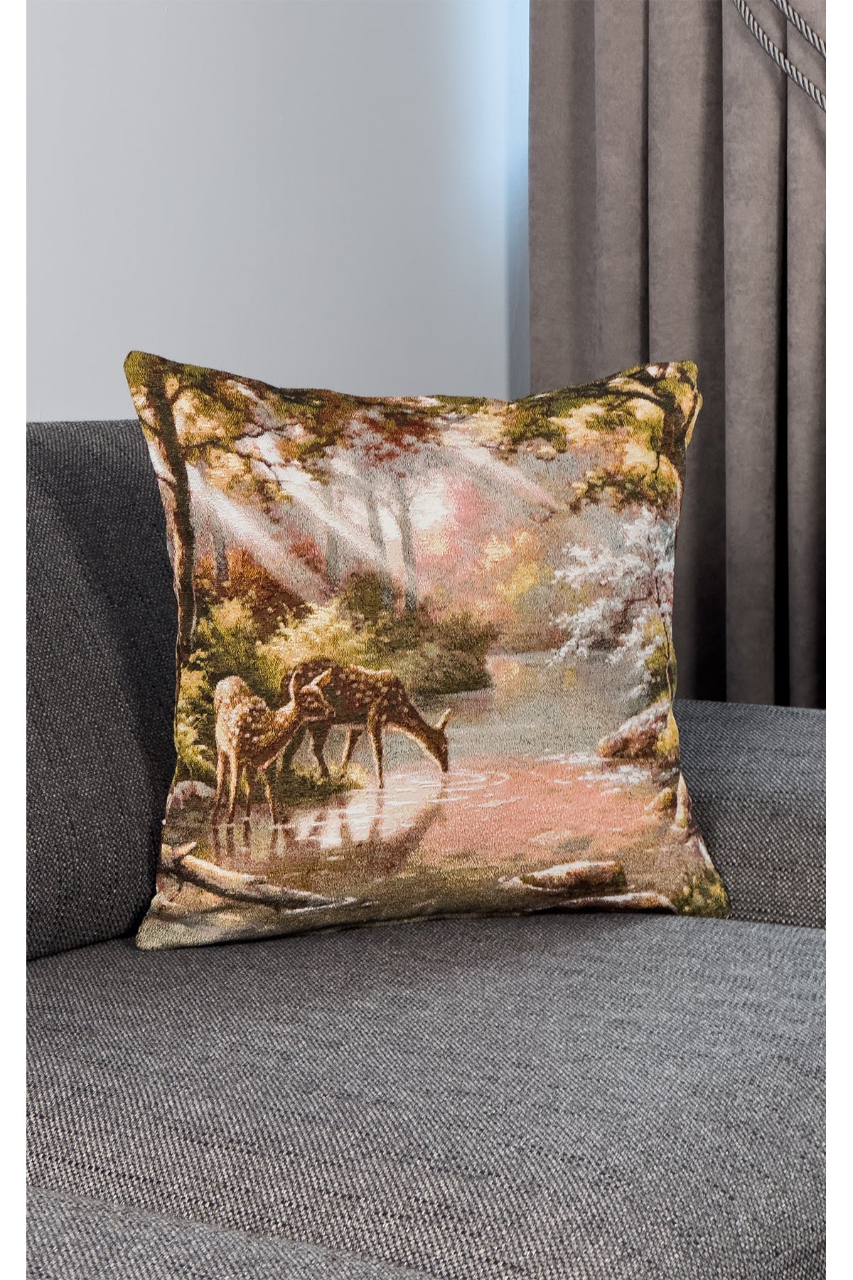 Tropikhome ST-9 Kırsal Ev Desenli 45 x 45 Cm Çift Taraflı Goblen Dokuma Kırlent Kılıfı — Çok Renkli
