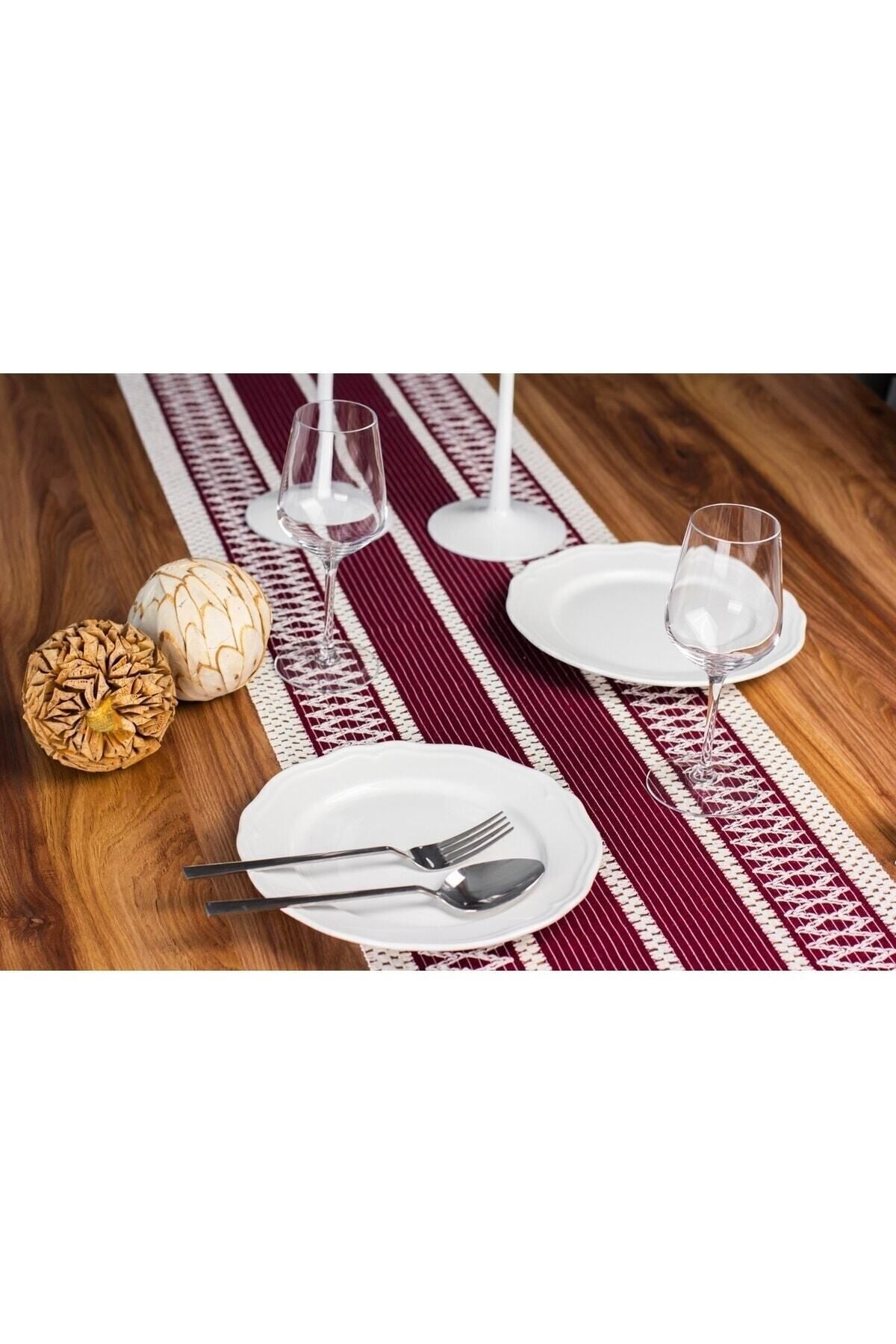Ham Organik Pamuk Dantel Desenli Püsküllü Bordo Runner 35x145 Cm  Masa Sunum Örtüsü — Bordo