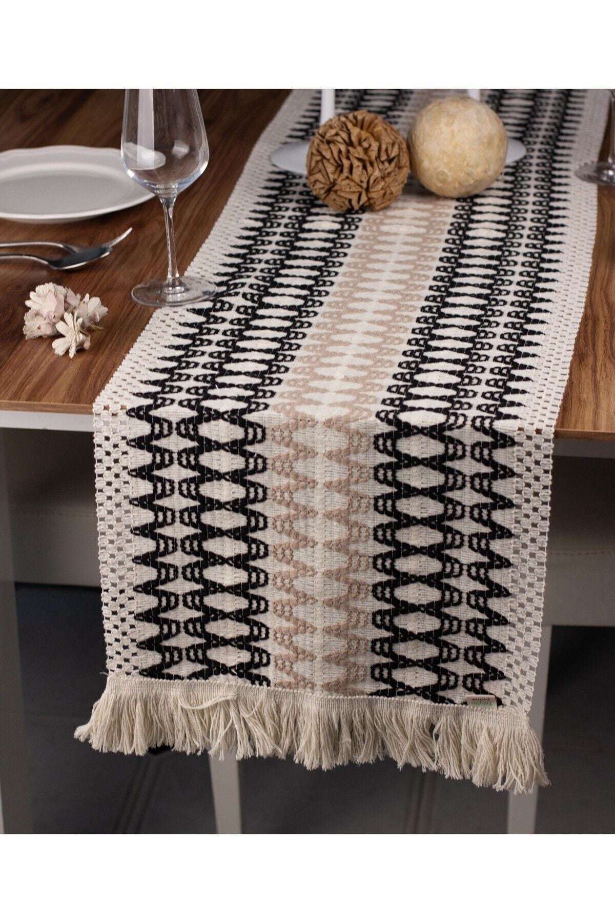 Tropikhome Örme Zigzag Desenli Siyah - Kahve 35 x 145 cm Runner — Siyah - Kahve