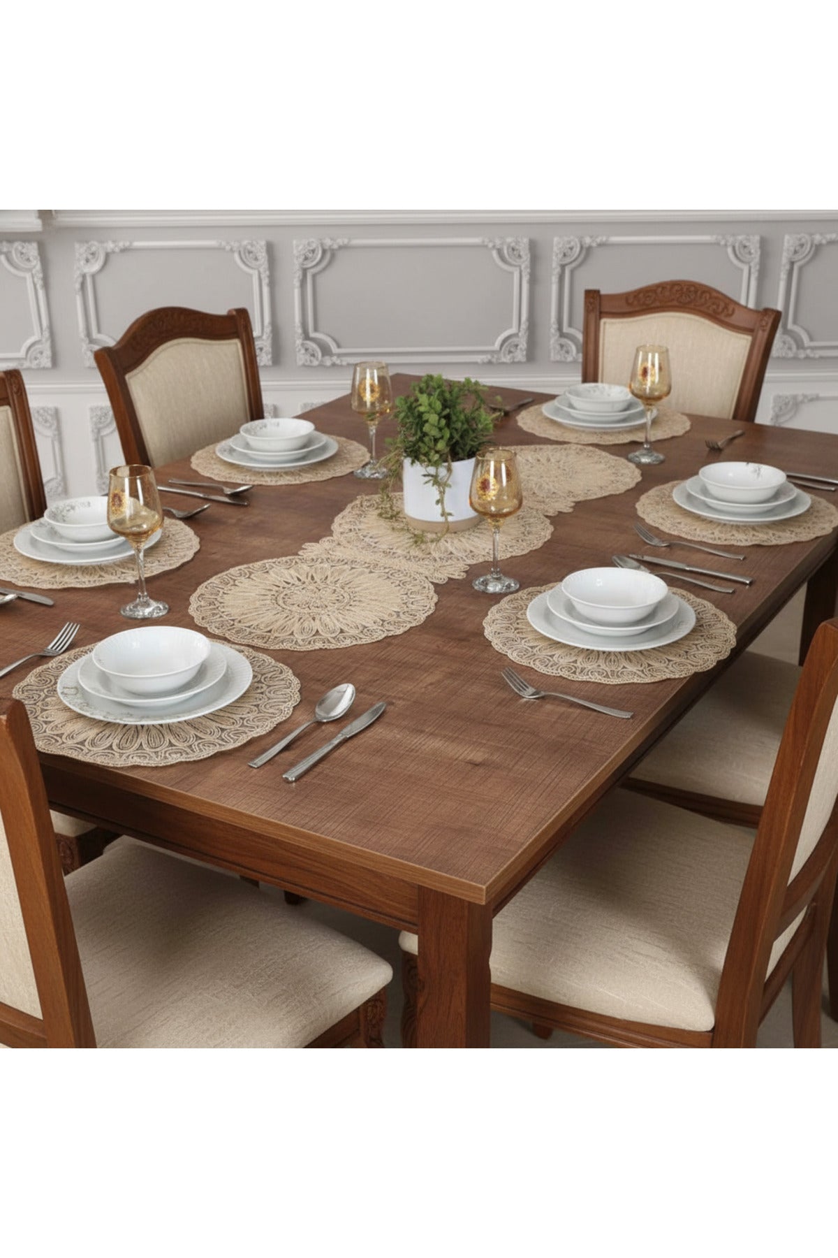 Tropikhome Nakışlı Bej 40 x 110 Runnerlı + 40 x 40*6 Amerikan Servisli 7 Parça Sunum Yemek Seti — Bej