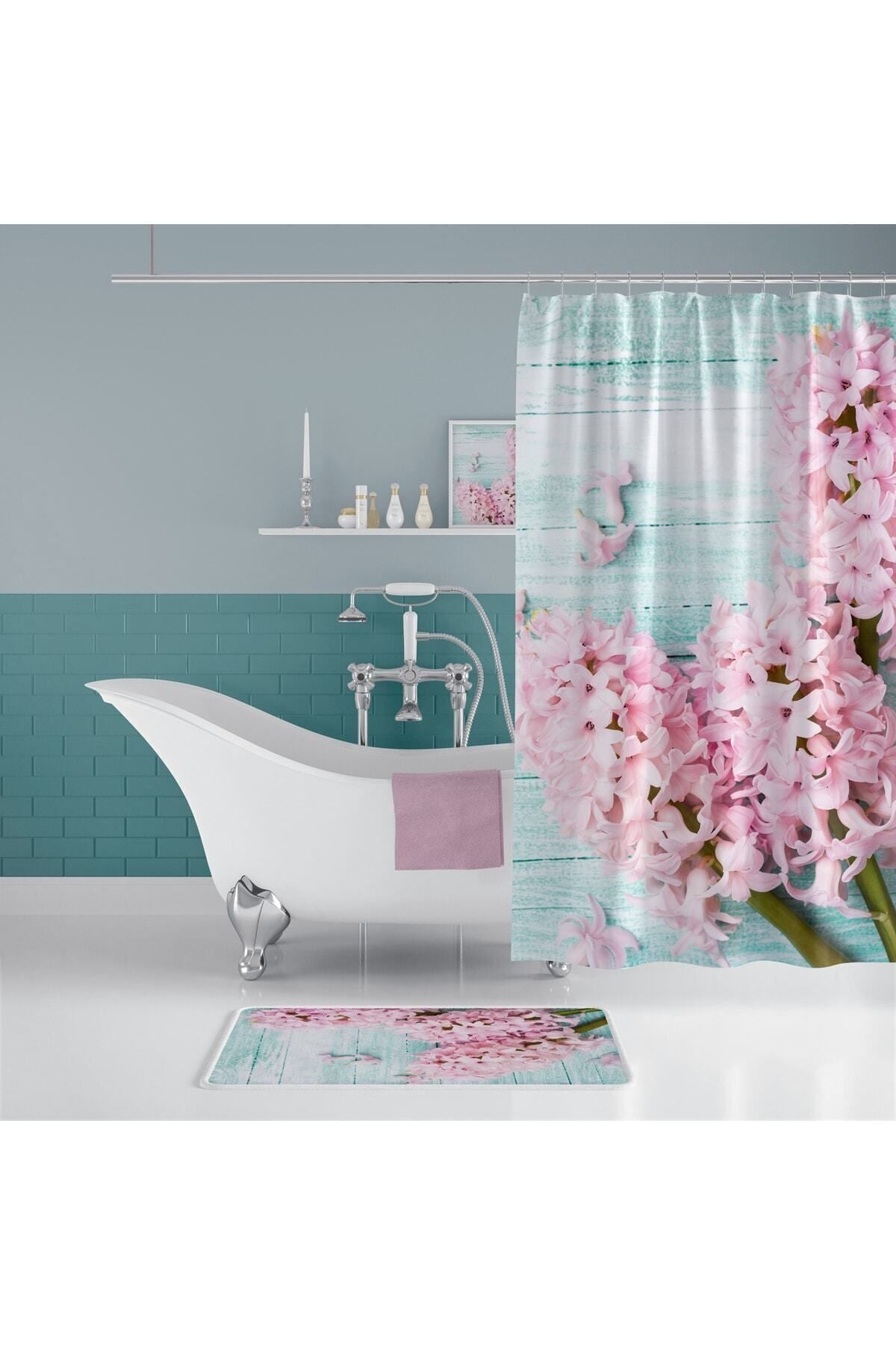 Çiçek Desenli Kaymaz Taban Dijital Baskılı 50x80cm Banyo Paspası ve 180x200cm Dijital Baskılı Banyo Perdesi Takımı — 180 x 200 + 50 x 80