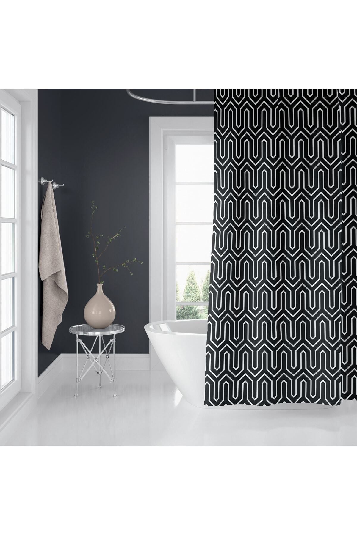 Siyah Geometrik Desenli Kaymaz Taban Dijital Baskılı 50x80cm Banyo Paspası ve 180x200cm Dijital Baskılı Banyo Perdesi Takımı — 180 x 200 + 50 x 80