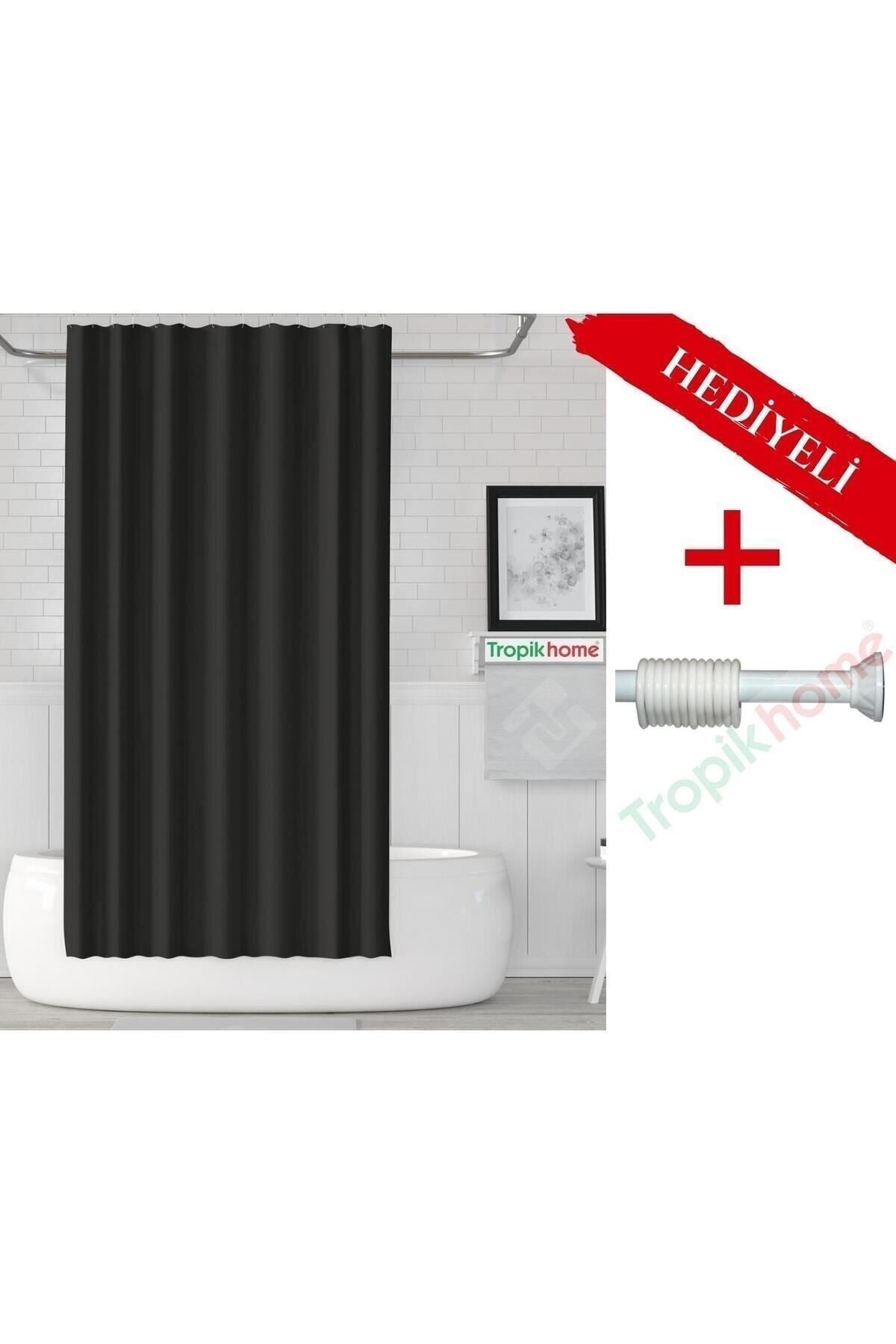 Siyah Renk Polyester Kumaş Banyo Perdesi 2MT Beyaz Yaylı Boru ve C-halkalı Set — Siyah
