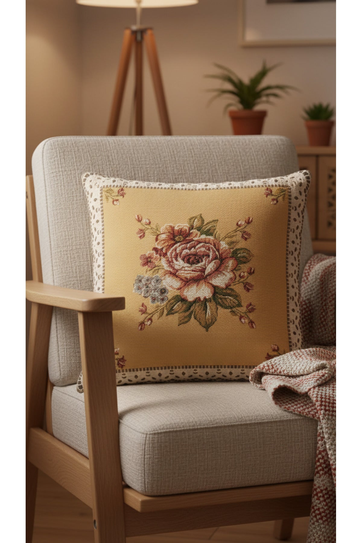 Tropikhome ST-9 Kırsal Ev Desenli 45 x 45 Cm Çift Taraflı Goblen Dokuma Kırlent Kılıfı — Çok Renkli